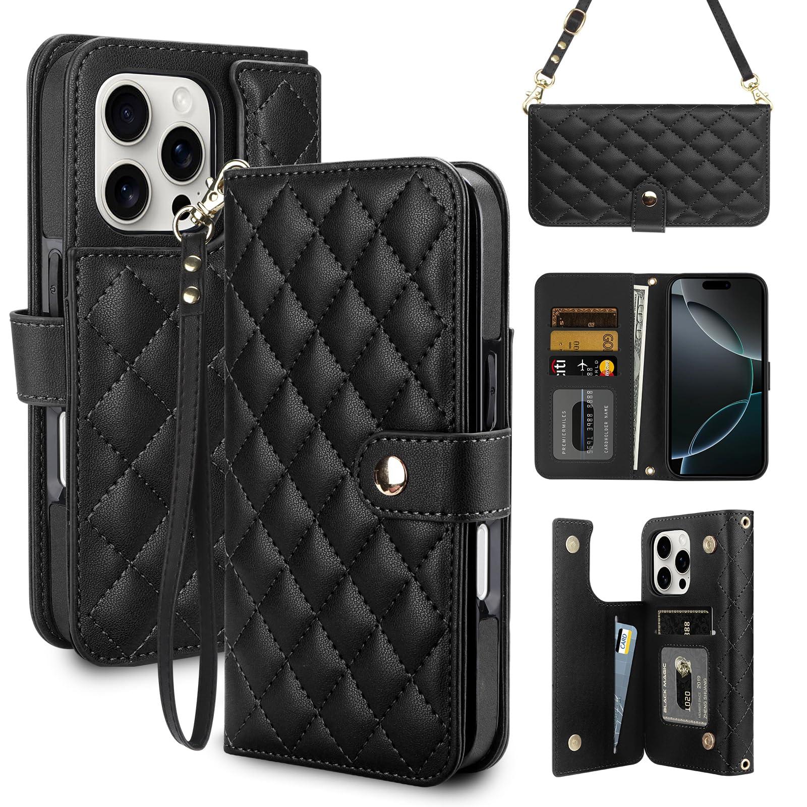 Vofolen Compatible with iPhone 16 Pro Case with Card Holder Crossbody Wrist Strap Leather Flip Case with Magnetic Clasp Kickstand Heavy Duty Protective Wallet Phone Case for Women, 6.3 Inch Black