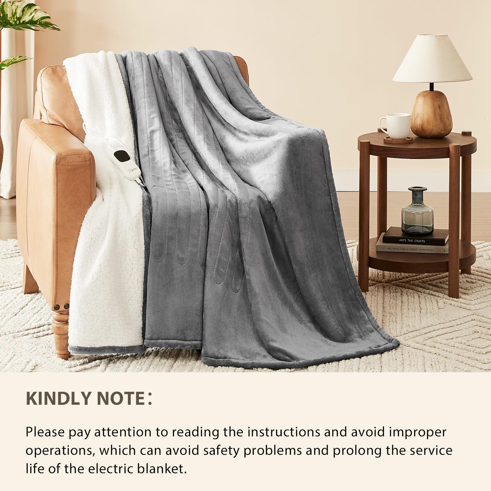 Homemate Heated Blanket Electric Throw - 50"x60" Heating Blanket Throw 1/2/4/6/8 Hours Auto-Off 10 Heat Level Over-Heat Protection Flannel Sherpa Electric ETL Certification - Image 6