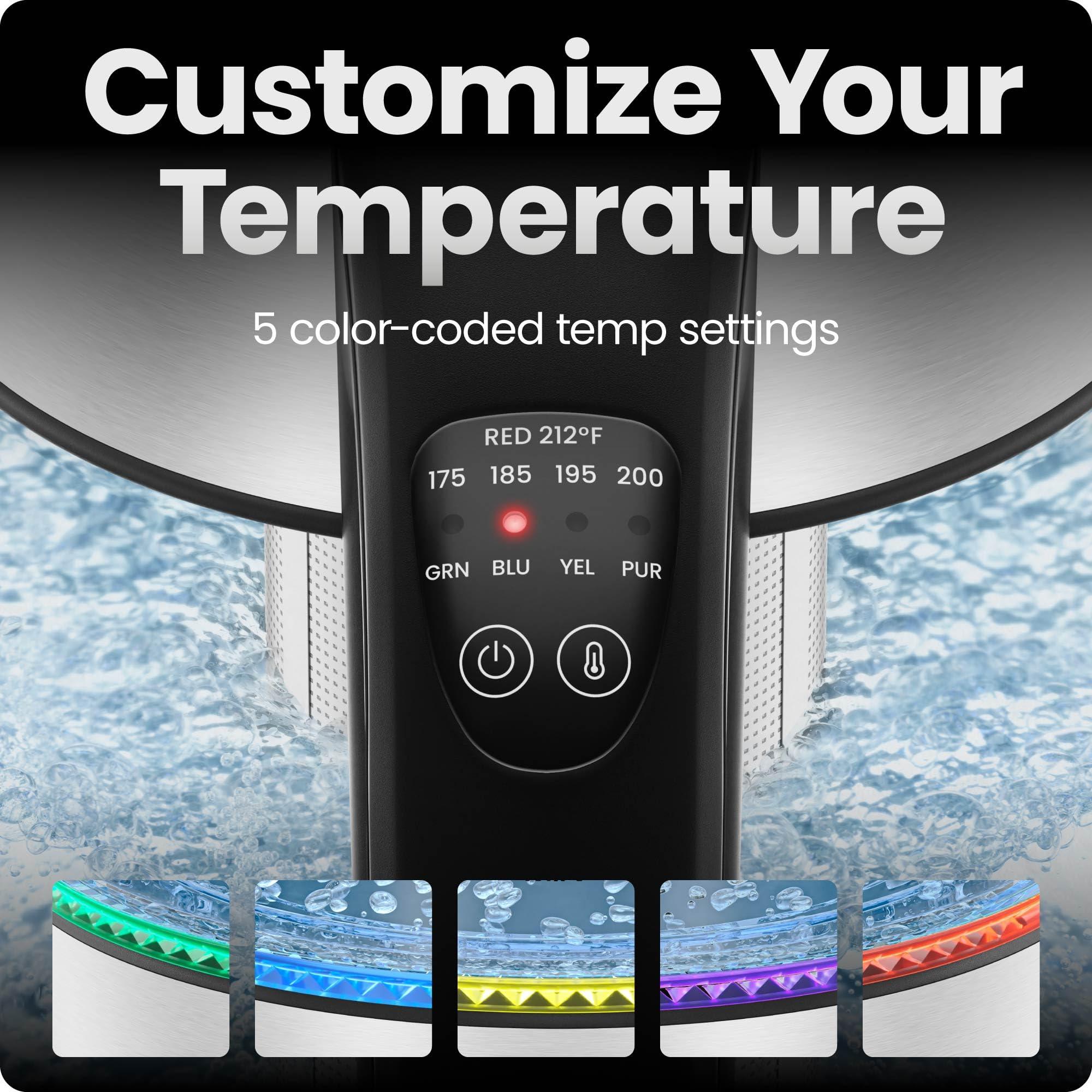 Chefman Electric Kettle with Temperature Control, 5 Presets LED Indicator Lights, Removable Tea Infuser, Glass Tea Kettle & Hot Water Boiler, 360° Swivel Base, BPA Free, Stainless Steel, 1.8 Liters - Image 4