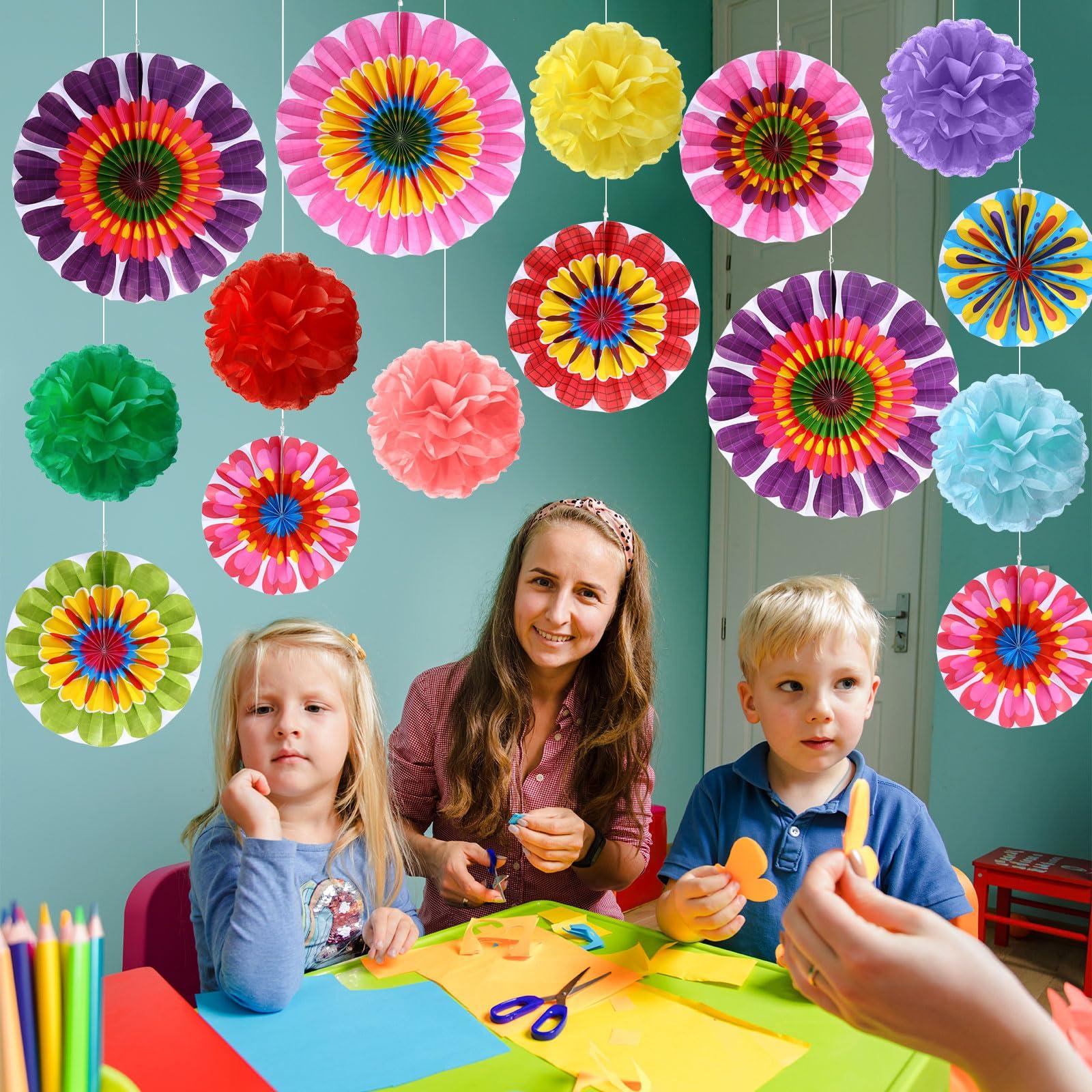 Outus 21 Pcs Spring Flower Hanging Paper Fans Flower Paper Fans Classroom Decorations Springtime Summer Tissue Pom Poms for Ceiling Wedding Birthday Party Supply Classroom Decor(Spring Flower) - Image 5