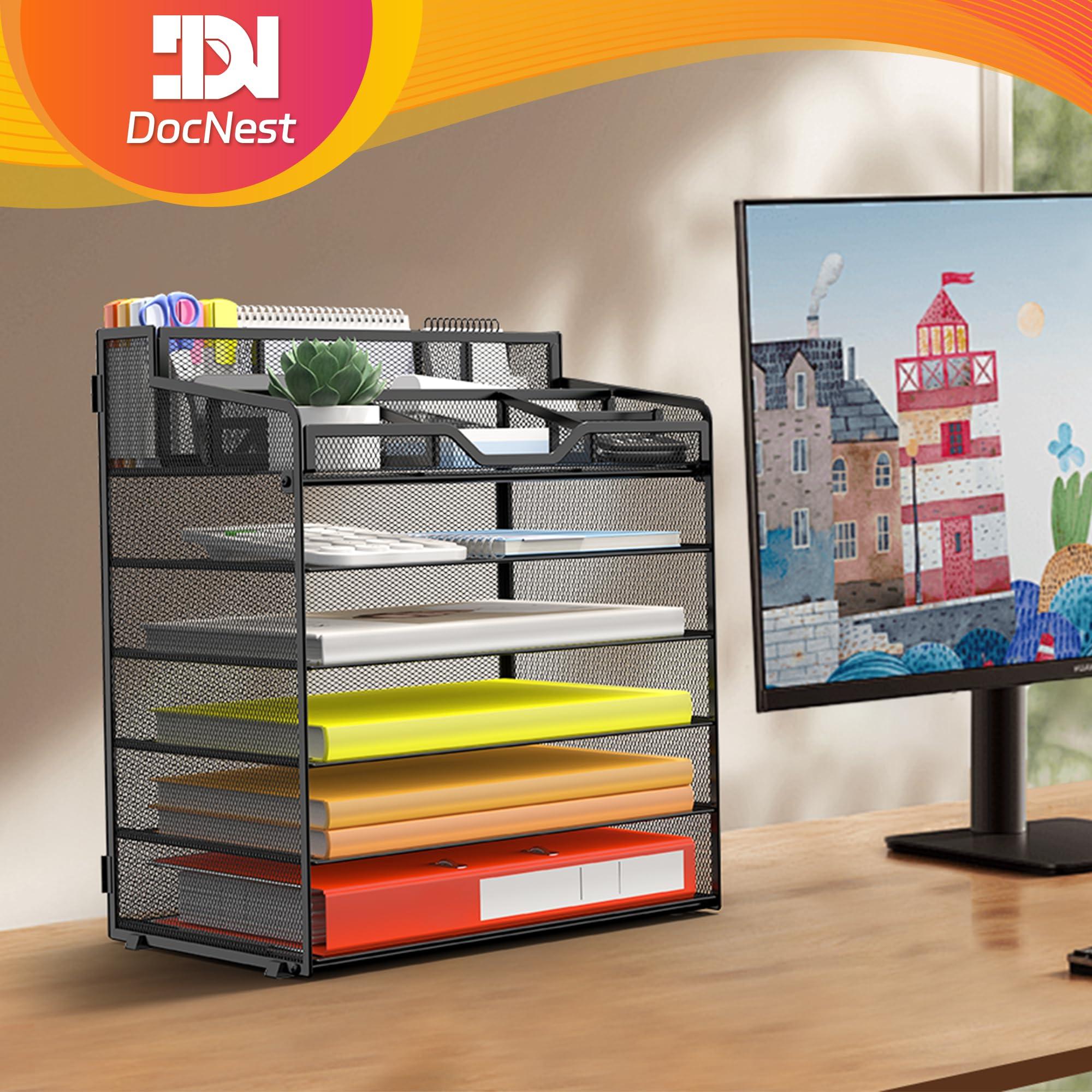 Docnest Multi-Functional Desk Organizer Tray, 6 Tier Paper Letter Tray Organizer with 3 Pen Holder, Mesh Desktop Organizer and Storage with 5 Adjustable Compartments for Office Supplies-Black - Image 2