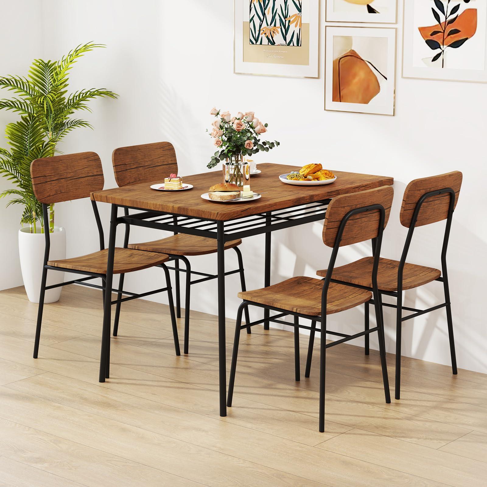 GOFLAME 5-Piece Dining Table Set for 4, Wood Rectangular Kitchen Table & Chairs Set with Metal Frame, Storage Rack, Space-Saving Industrial Dinette Set for Dining Room, Living Room, Breakfast Nook - Image 3