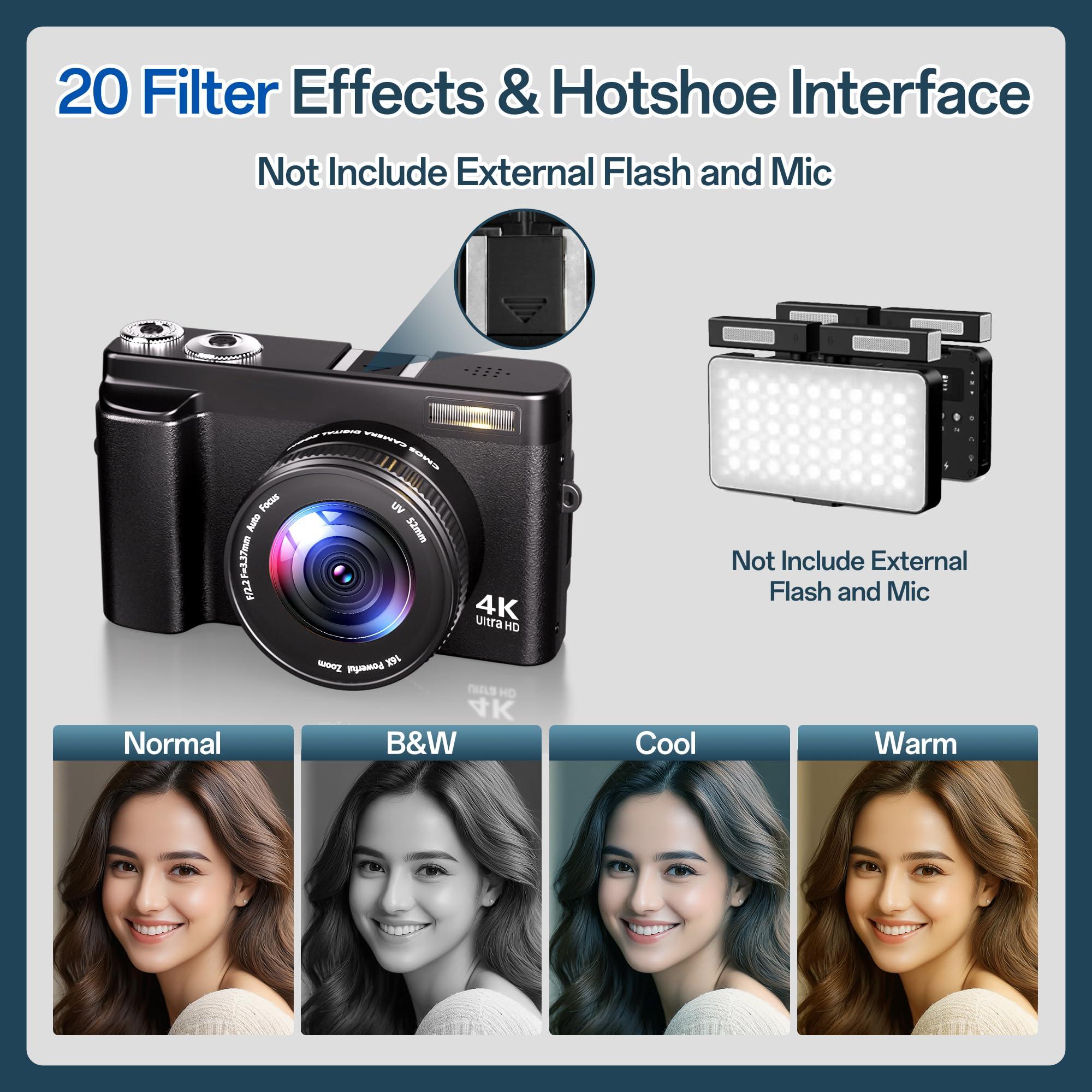 4K Digital Camera for Photography, 48MP Autofocus Vlogging Camera for YouTube with 3'' 180°Flip Screen, 16X Digital Zoom Anti-Shake with SD Card, 2 Batteries & Charging Stand - Image 6