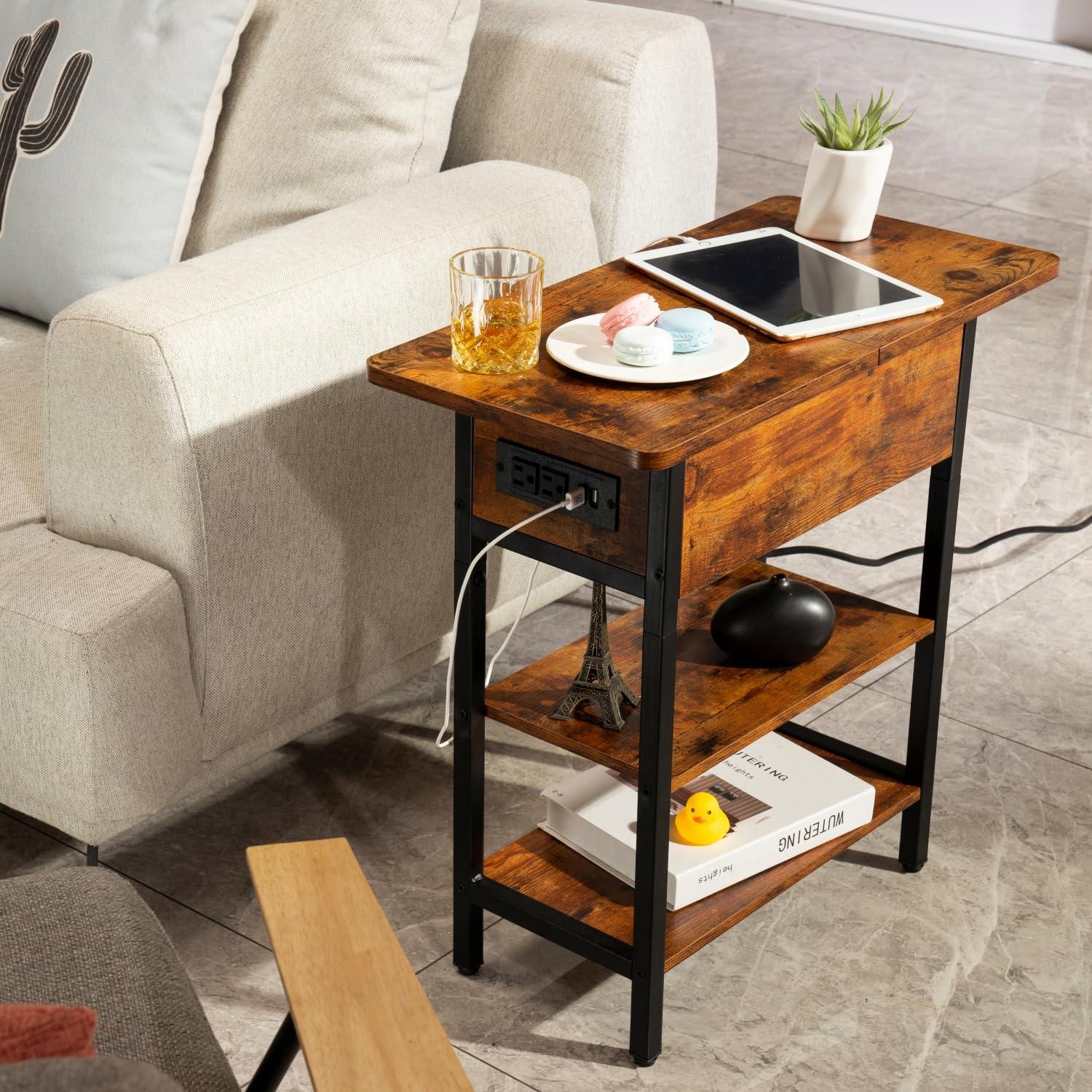 Yoobure End Table with Charging Station, Flip Top Side Table with USB Ports and Outlets, Sofa Couch Table Bedside Table for Living Room Bedroom, Narrow Nightstand with Storage Shelves for Small Space - Image 8