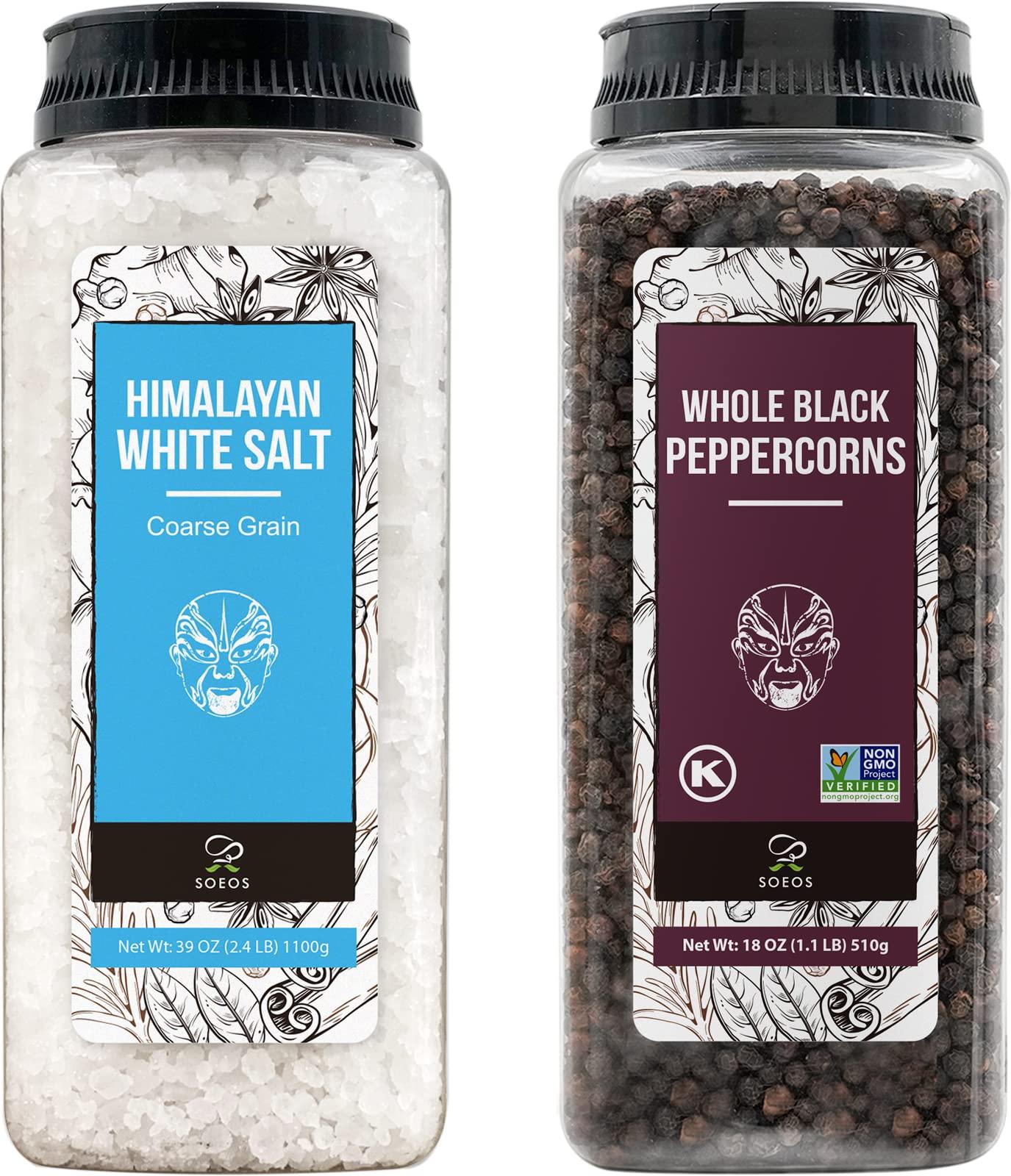 Soeos Himalayan Sea Salt, 39 oz (2.4 lb) + Whole Black Peppercorns, 18oz (1.1 lb) White Himalayan Salt Coarse Grain, Whole Black Peppercorns, White Salt in Grinder, Salt and Pepper Refill