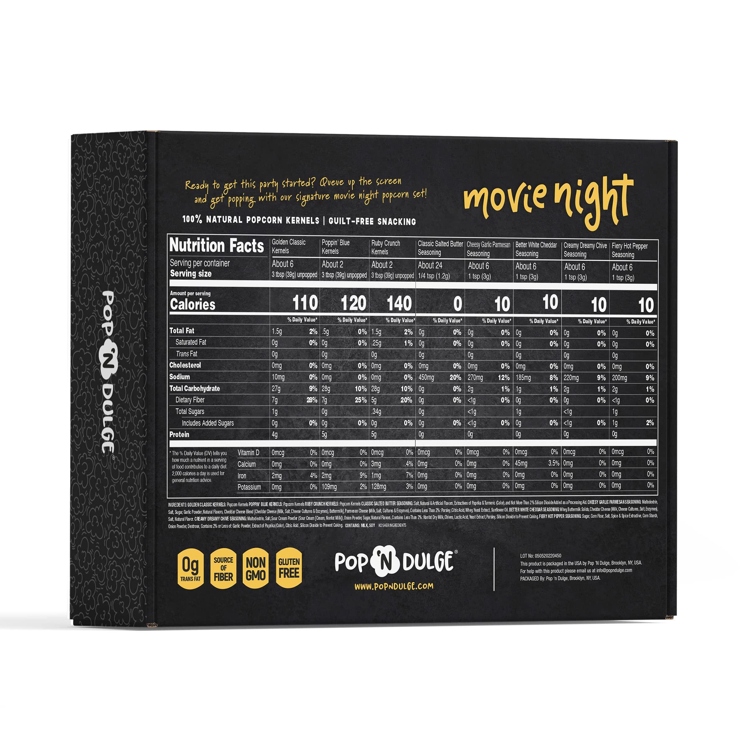 Pop n' Dulge Popcorn Movie Night Supplies 16 pcs Gift Set, 5 Gourmet Popcorn Kernels, 5 Seasoning Variety Packs Non-GMO Kosher Snacks, Great Housewarming Family Date Night Gifts Basket Ideas For Him Her - Image 2