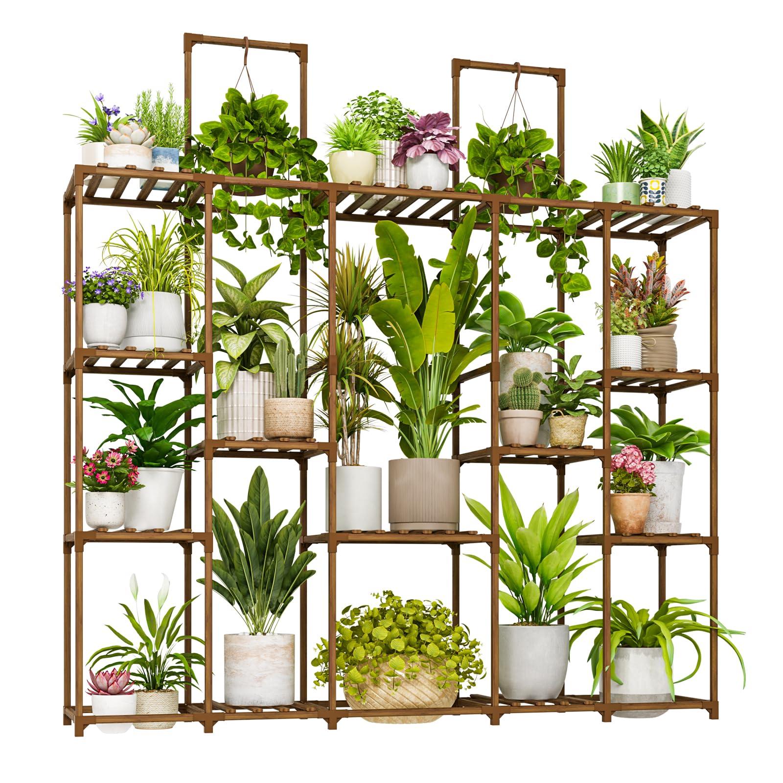 Bamworld Plant Stand Indoor Large Plant Shelf 62.2"" Tall Wood Plant Holder Outdoor for Multiple Plants Hanging Plant Rack for Living Room Garden Balcony, Brown