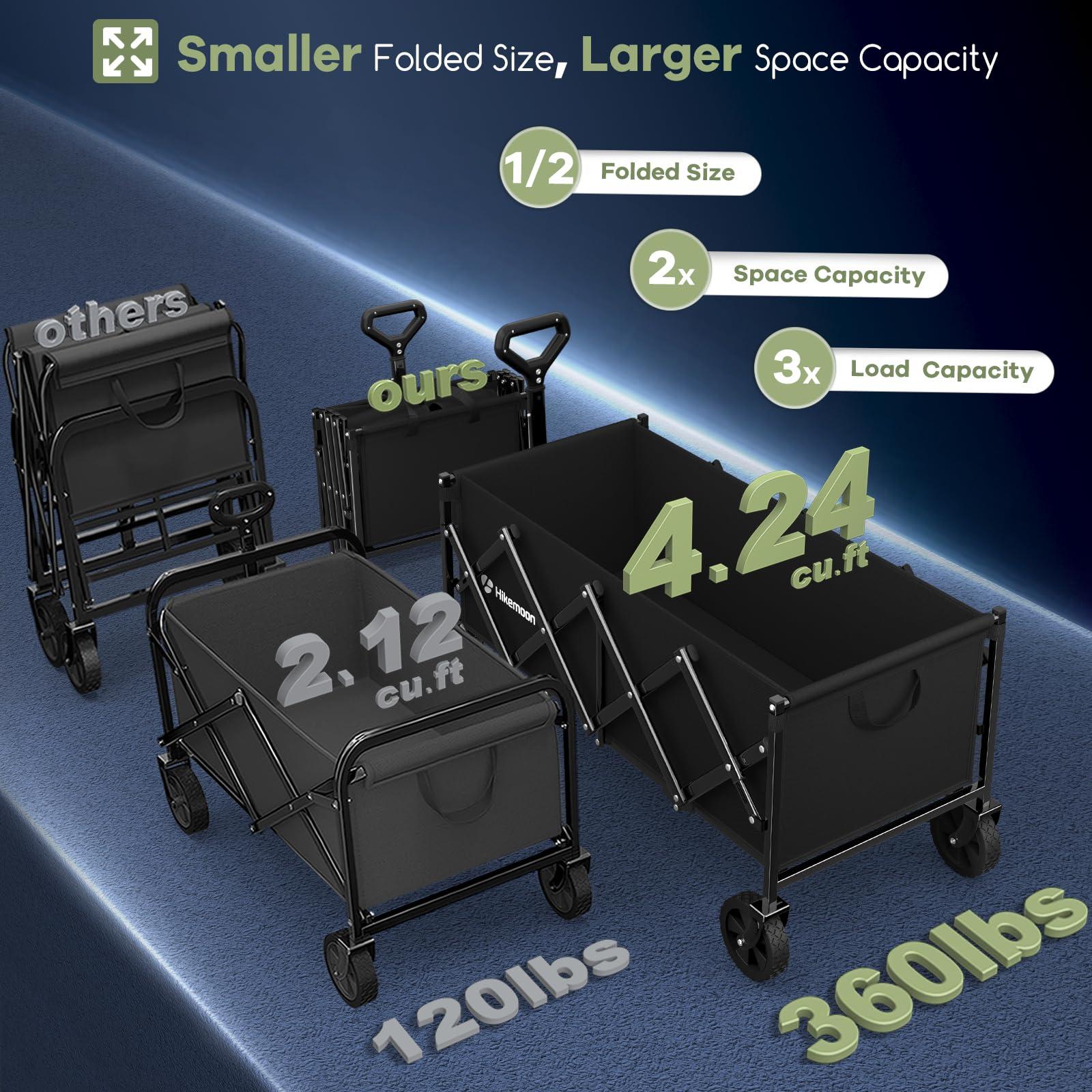 Hikemoon 34'' Extra Long Collapsible Wagons Carts Foldable, 360LBS Heavy Duty Folding Beach Wagon Cart with Wheels, Portable Utility Outdoor Wagon for Grocery, Shopping, Garden, Sports, Camping, Black - Image 3