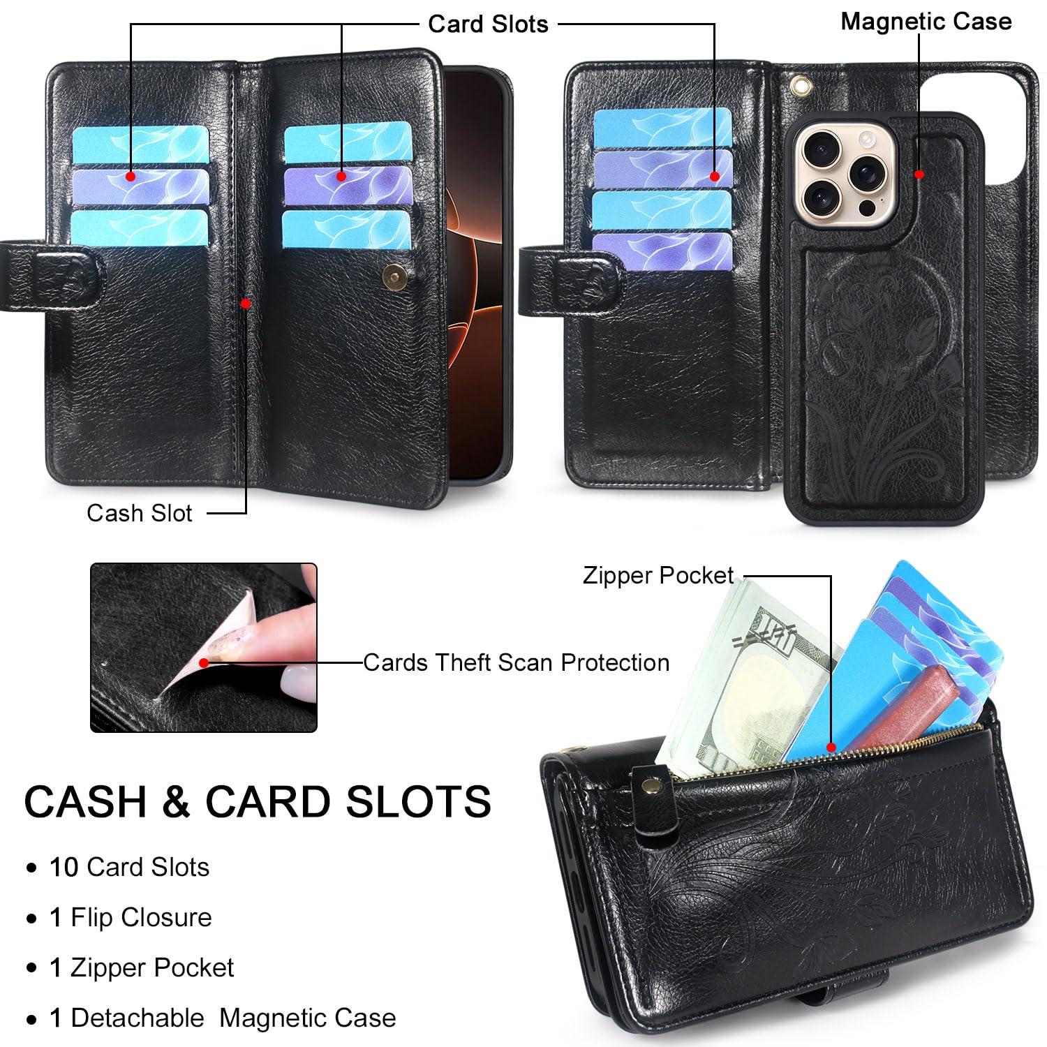 Lacass for iPhone 16 Pro 6.3 inch Detachable Crossbody Wallet Case,Compatible with Wireless Charging, [Cards Theft Scan Protection], Magnetic Case Stand PU Leather Zipper(Floral Black) - Image 2