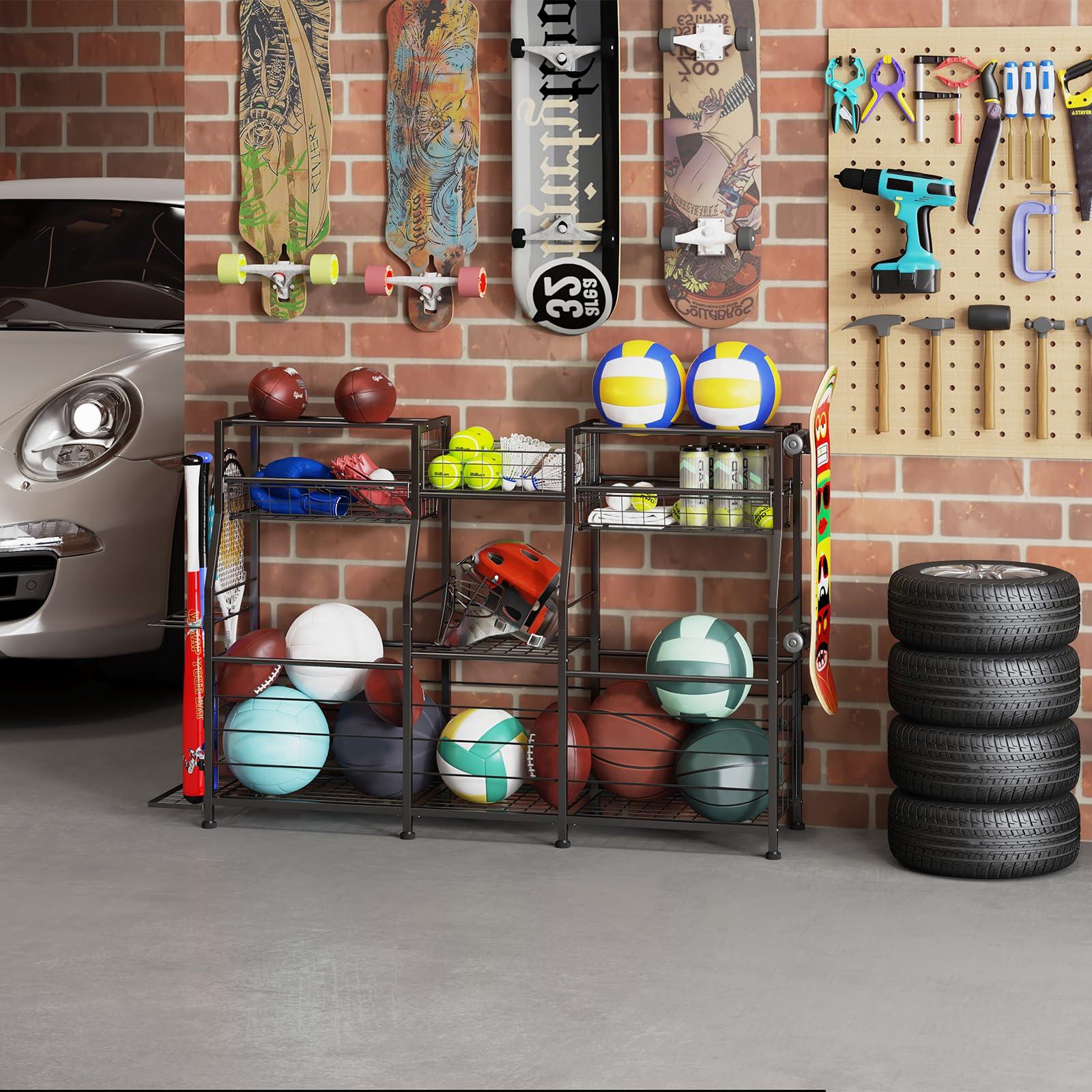 LUMAMU Small Garage Sports Equipment Organizer, Garage Ball Storage Rack, Garage Organizer System, Indoor/Outdoor Shelf Rack for Sports Gear - Image 2