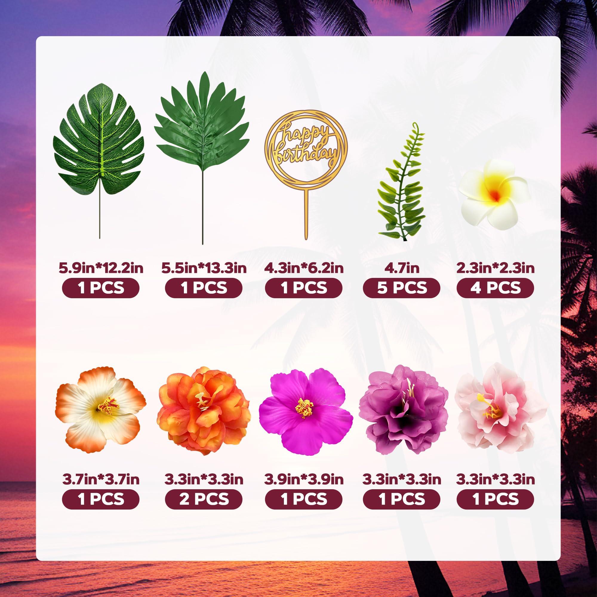 Firleayo 18pcs Hawaiian Flowers Cake Decorations Tropical Themed Cake Toppers Summer Flower Cupcake Topper with Palm Leaves Hibiscus Luau Cupcake Topper Aloha Beach Decor for Birthday Party Supplies - Image 3
