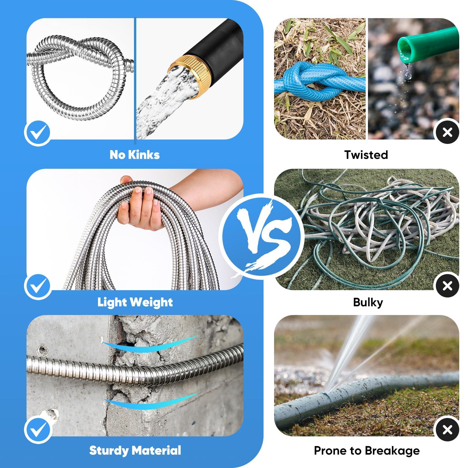 Garden Hose 50 FT, Metal Stainless Steel Water Hose with 10 Function Nozzles, No Kinks, Flexible Hose, Lightweight, Puncture Proof, Heavy Duty Hose for Yard and Outdoor - Image 4