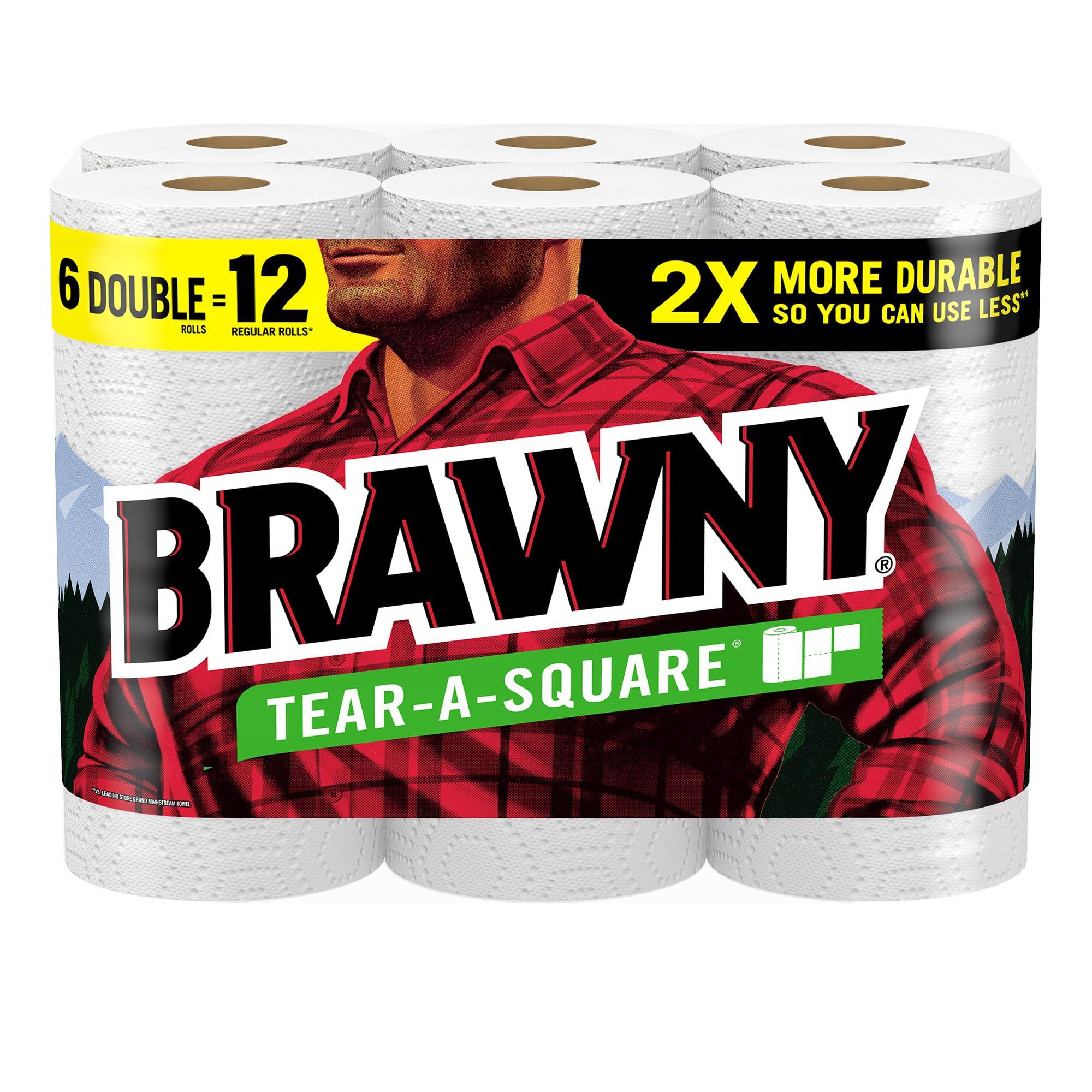 Brawny Tear-A-Square Paper Towels, 6 Double Rolls = 12 Regular Rolls, 3 Sheet Sizes (Quarter, Half, Full), Strength for All Messes, Cleanups, and Meal Prep, White