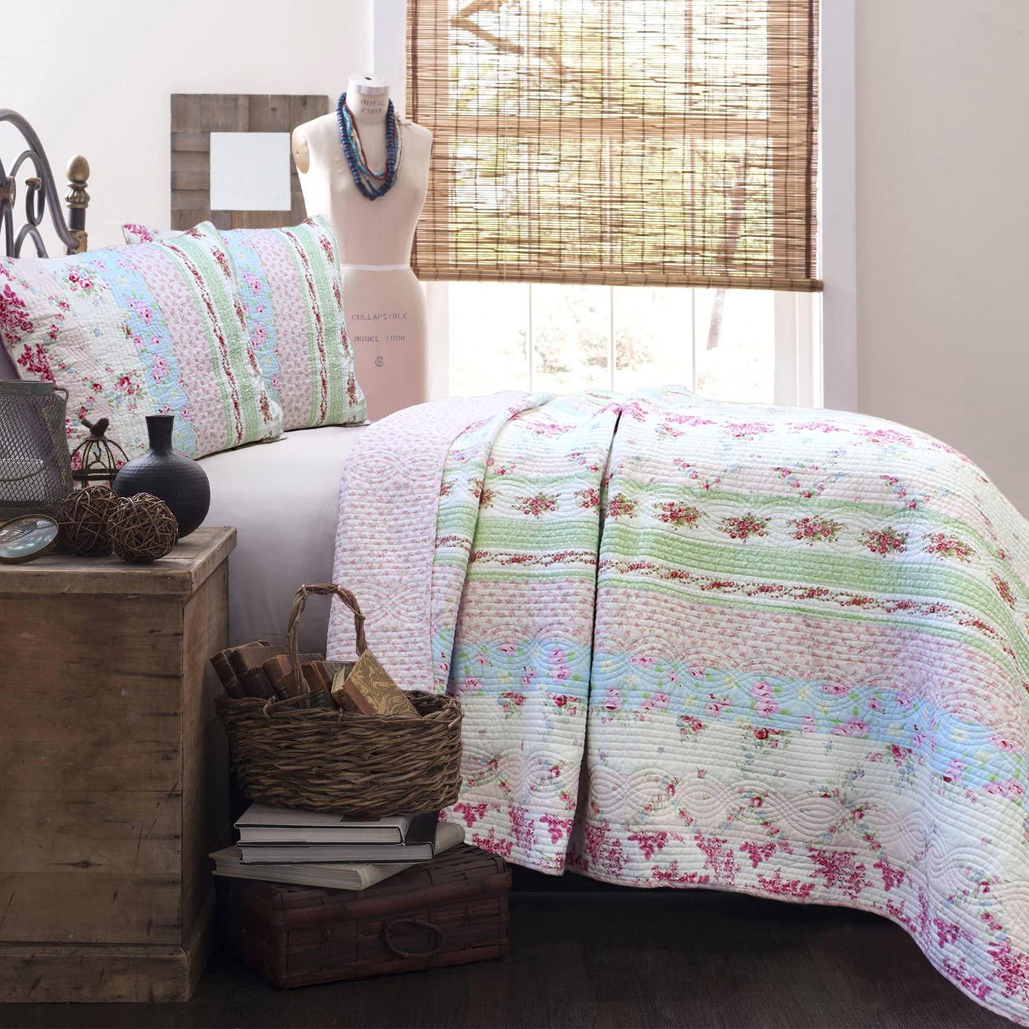 Cozy Line Home Fashions 100% Cotton Real Patchwork Pink Floral Cottage Shabby Chic Reversible Quilt Bedding Set, Bedspread, Coverlet (Wild Rose, Queen - 3 Piece) - Image 2
