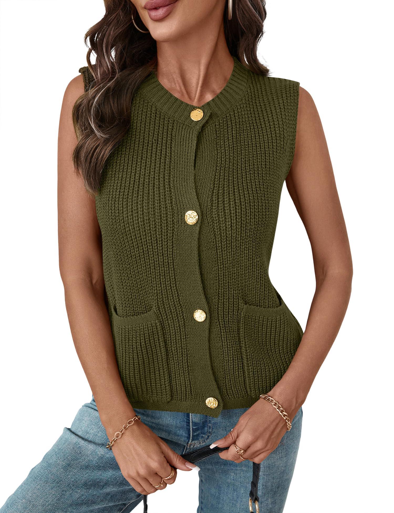 LUYAA Green Sweater Women Button Round Neck Knit Vest Top Trendy Casual Cardigan 2025 Spring Sweater Army Green L