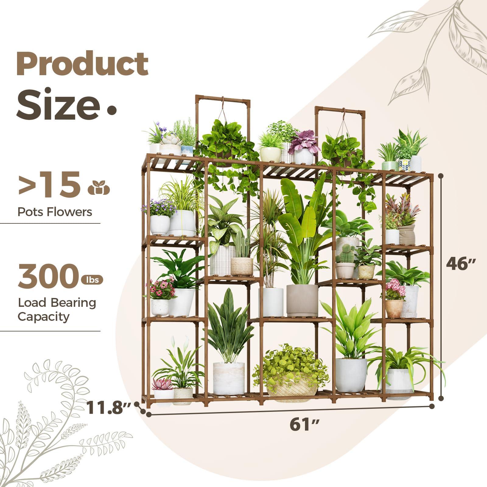 Bamworld Plant Stand Indoor Large Plant Shelf 62.2"" Tall Wood Plant Holder Outdoor for Multiple Plants Hanging Plant Rack for Living Room Garden Balcony, Brown - Image 2