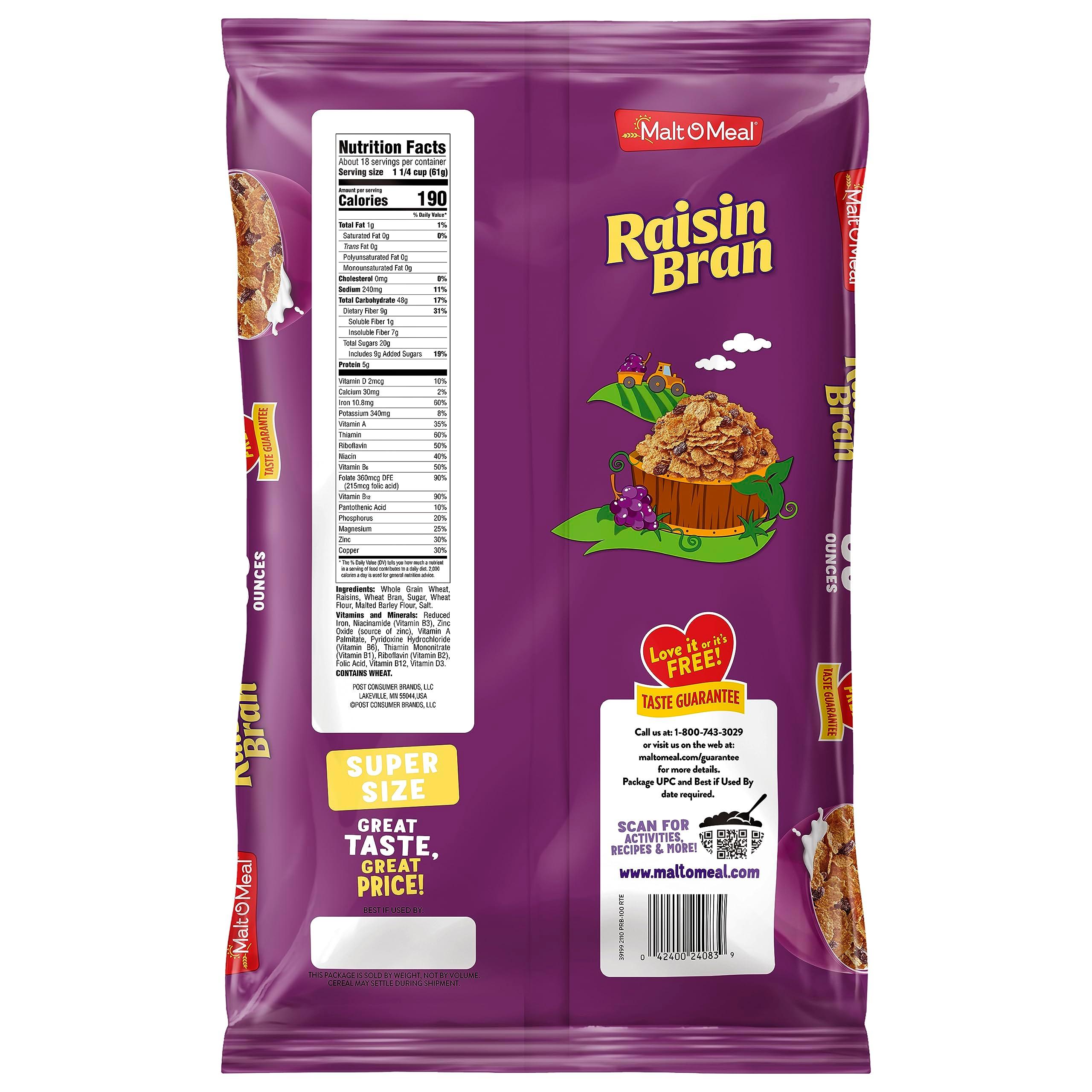 Malt-O-Meal Raisin Bran Cereal, Wheat Flakes and Raisins Breakfast Cereal, Large Cereal for Family, 39 OZ Resealable Cereal Bag - Image 5