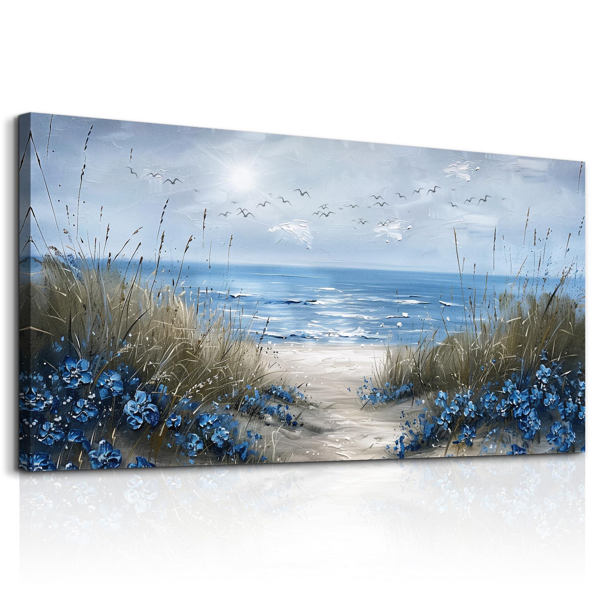 KELIYUAN Large Wall Art For Living Room Canvas Wall Decor For Office Bedroom Decorations Blue Ocean Wall Painting Sea Wave Wall Pictures Artwork Modern Beach Posters Aesthetic Home Decor 24"x48"
