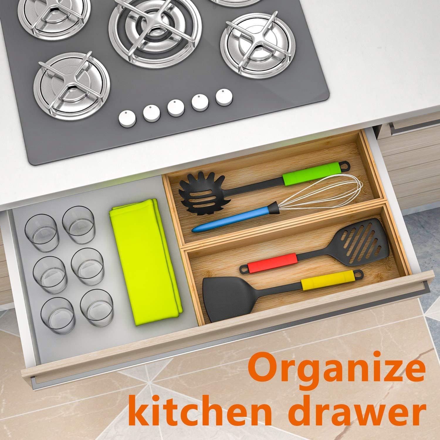 Drawer Organizer Storage Box Kitchen - Wood Stackable Tray Utensil Organizer for Office Drawers,Cabinets,Shelves,Pantry,or Bathroom Counter,Drawer Dividers for Silverware Set of 2（15x6x2.5inch） - Image 4