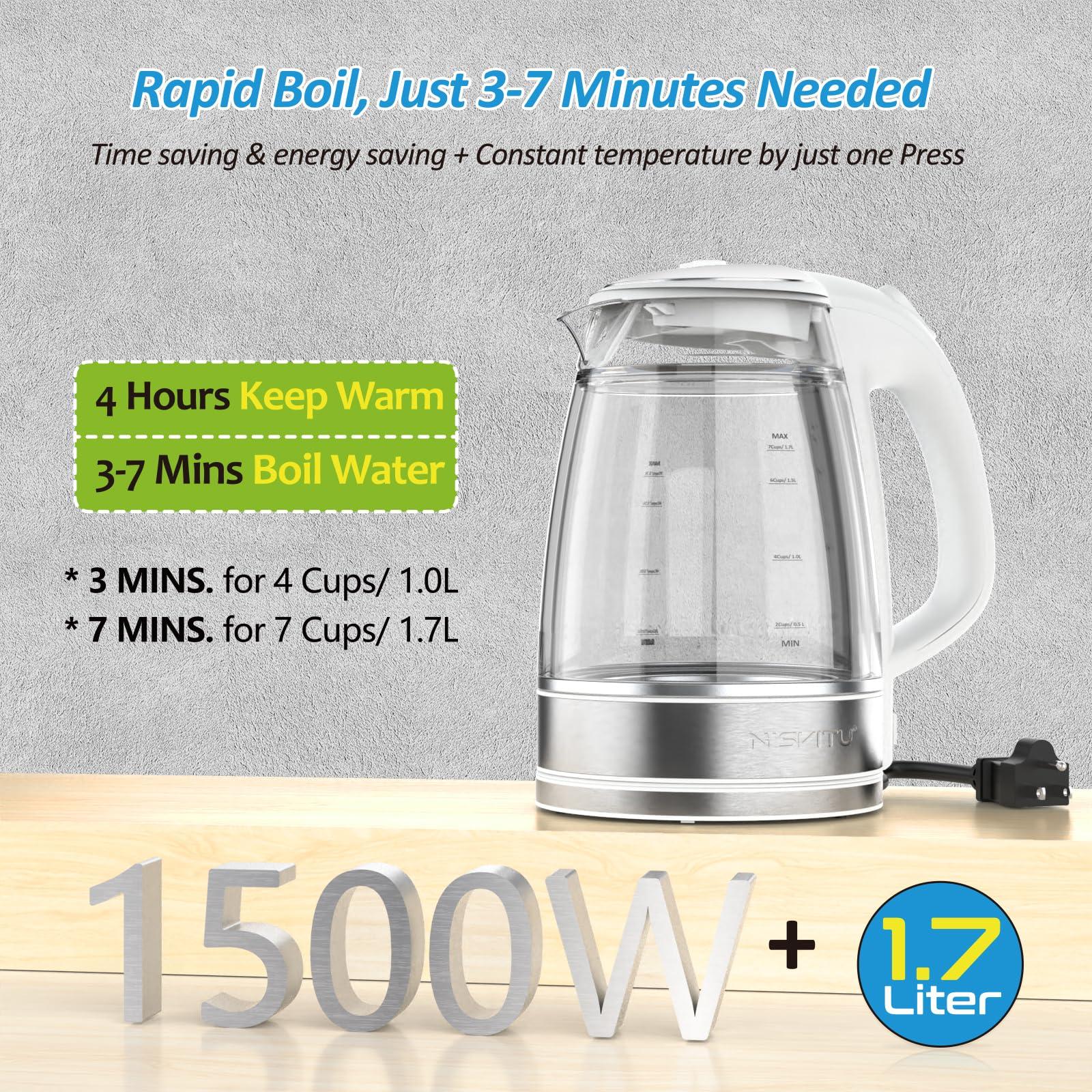 NISVITU, Double Glass Stainless Steel Cordless Electric kettle for boiling water, Hot water boiler Electric Tea Kettle automatic shut off Boil-Dry Protection Anti-Scald 1.7L 1500W, White - Image 5