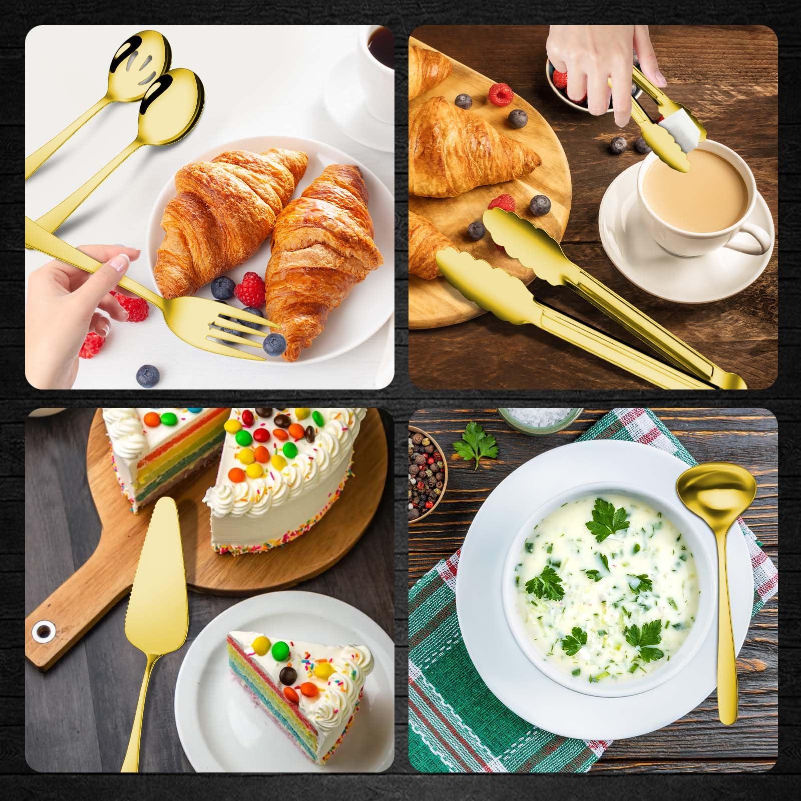 Gisly Gold 12 Pieces Serving Utensils Include Large Serving Spoons,Slotted Serving Spoons,Serving Forks,Serving Tongs,Appetizers Tongs,Soup Ladle and Pie Cake Server for Buffet Catering - Image 4