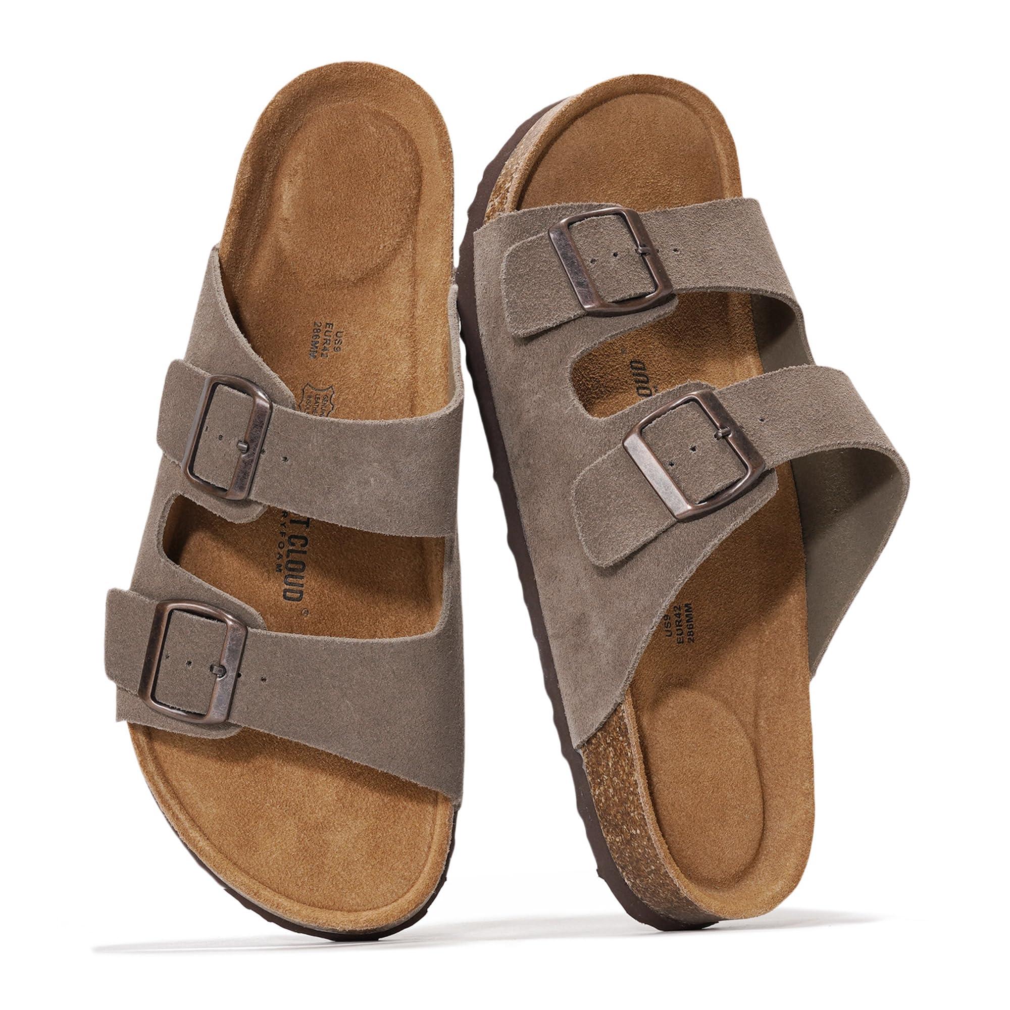 Project Cloud Genuine Leather Mens Sandals with Memory Foam Natural Cork Footbed Slides for Men Footwear - Non-Slip Double-Strap Buckle Summer Sandals (Arizona)