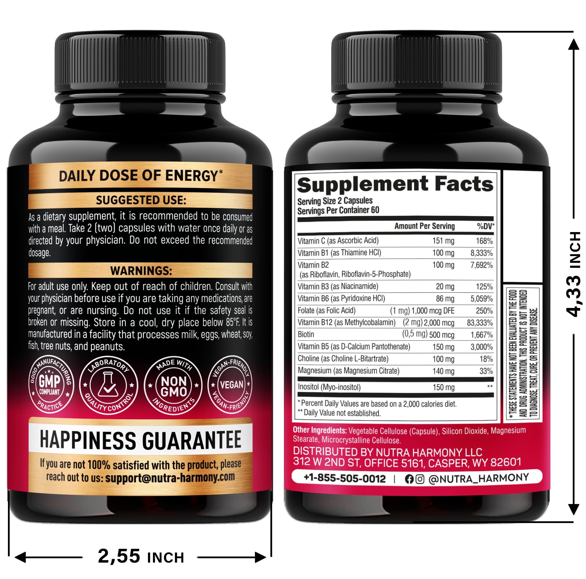Vitamin B Complex for Men & Women - Made in USA - B-Complex: B1, B2, B3, B5, B6, B7, B8, B9, B12 with Vitamin C, Choline, Inositol - Energy, Brain & Heart Support Supplement, 120 Vegan Capsules - Image 2