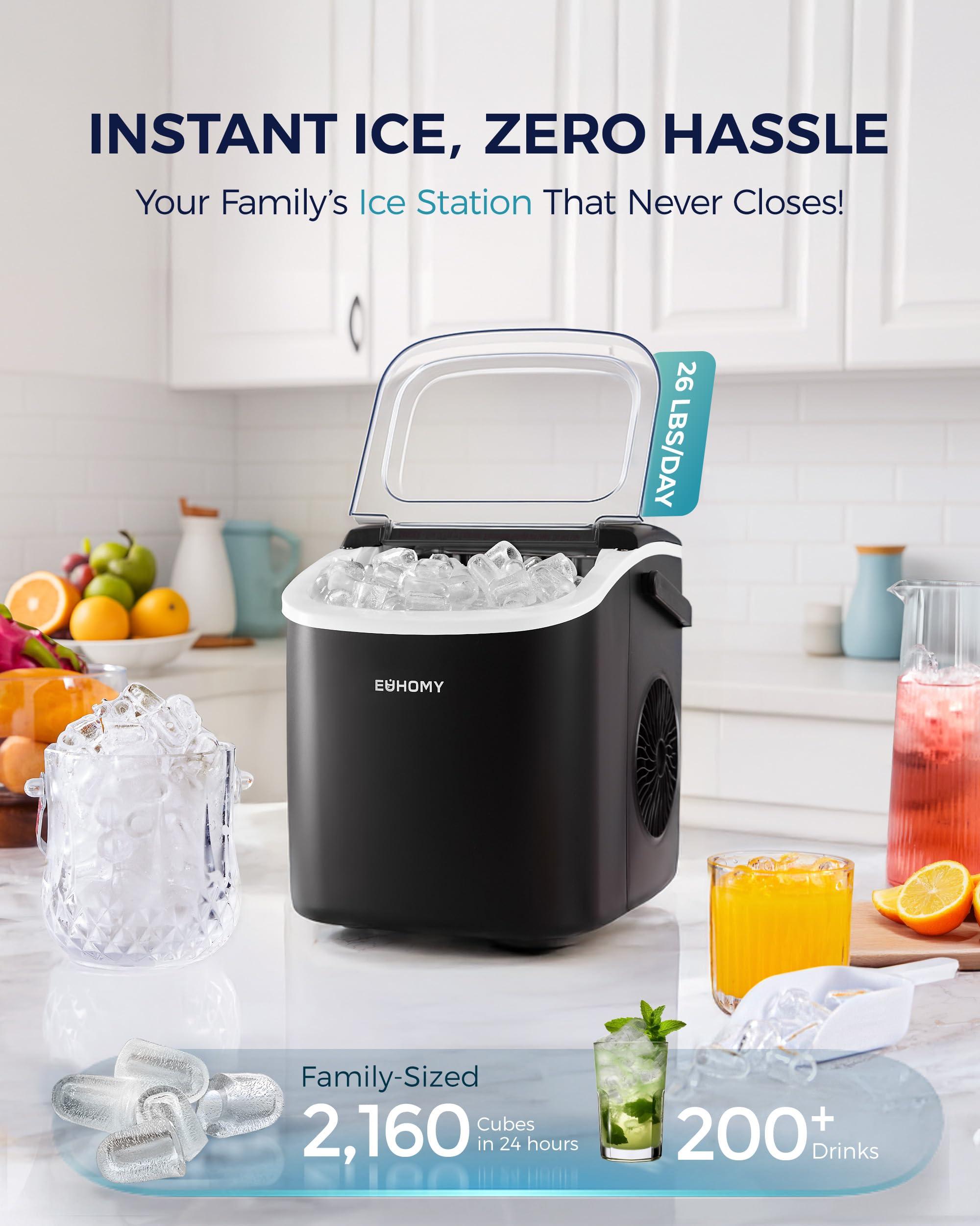 EUHOMY Countertop Ice Maker Machine with Handle, 26lbs in 24Hrs, 9 Ice Cubes Ready in 6 Mins, Auto-Cleaning Portable Ice Maker with Basket and Scoop, for Home/Kitchen/Camping/RV. (Black) - Image 3