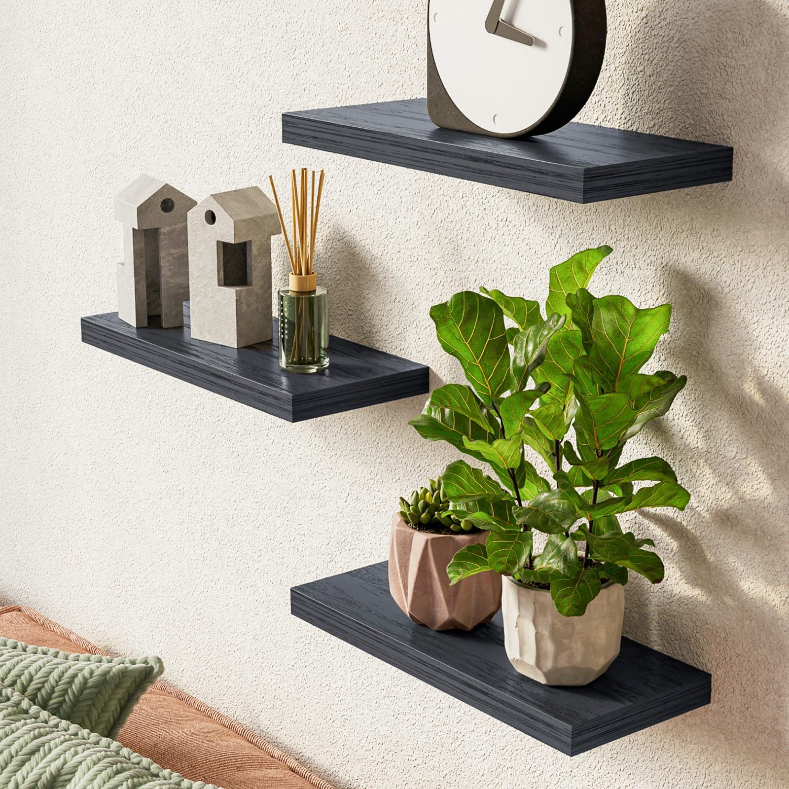 BAYKA Floating Shelves for Wall, Wall Mounted Rustic Wood Shelves for Bathroom, Bedroom, Living Room, Kitchen, Hanging Shelf for Books/Storage/Room Decor with 22lbs Capacity (Black, Set of 3, 15.7in) - Image 2