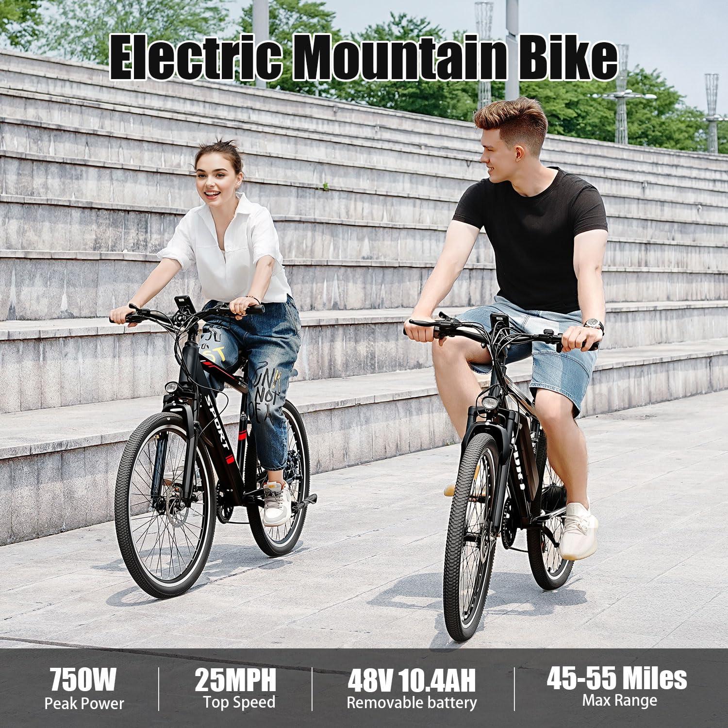 AZHAR Electric Bike for Adults, 26" Electric Mountain Bike, 750W Peak Power Motor, Up to 25 MPH 45 Miles, Electric Bicycle with 48V 10AH Removable Battery, UL 2849 - Image 2