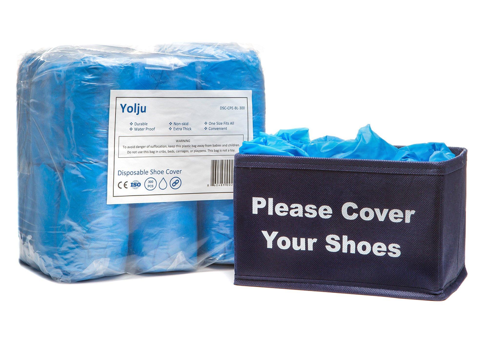 Yolju 300 Pack Disposable Shoe Covers with a Bonus Small Storage Box | Waterproof, Durable CPE Material