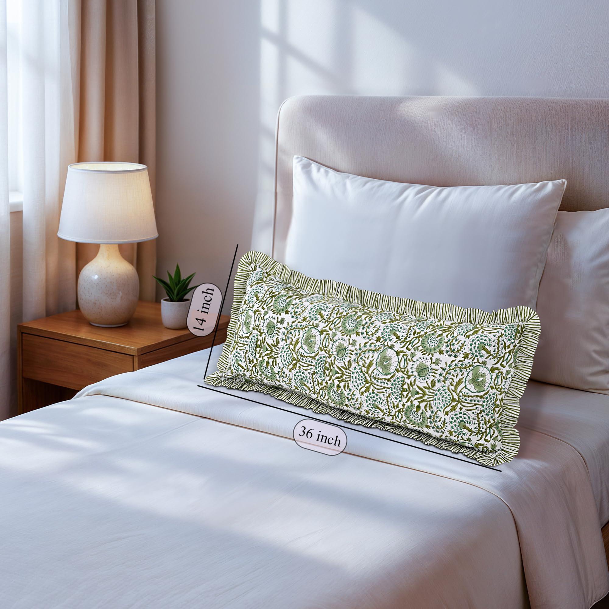 CPC Agate Green 100% Cotton Block Print Ruffle Sham Cover 14x36 inch, Handmade Boho Floral Pillowcase, Farmhouse Cottagecore Bedding, Soft Decorative Cushion Cover for Bedroom Décor - Image 8