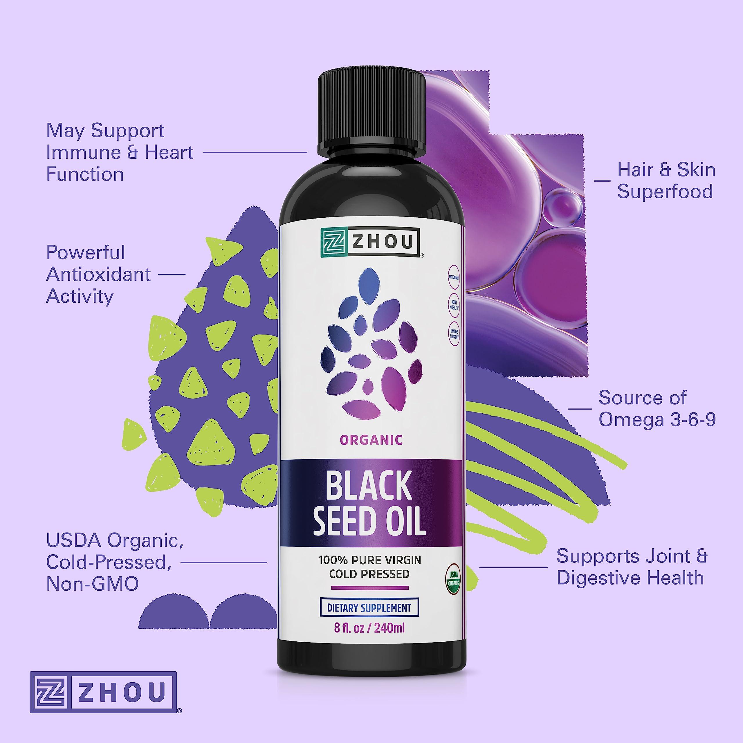 Zhou Organic Black Seed Oil - Black Cumin Seed Oil Cold Pressed, Nigella Sativa, Pure Unrefined Blackseed Liquid, Premium Supplement for Health with Thymoquinone, Omega 3 6 9 - 8 Fl Oz (Pack of 1) - Image 3