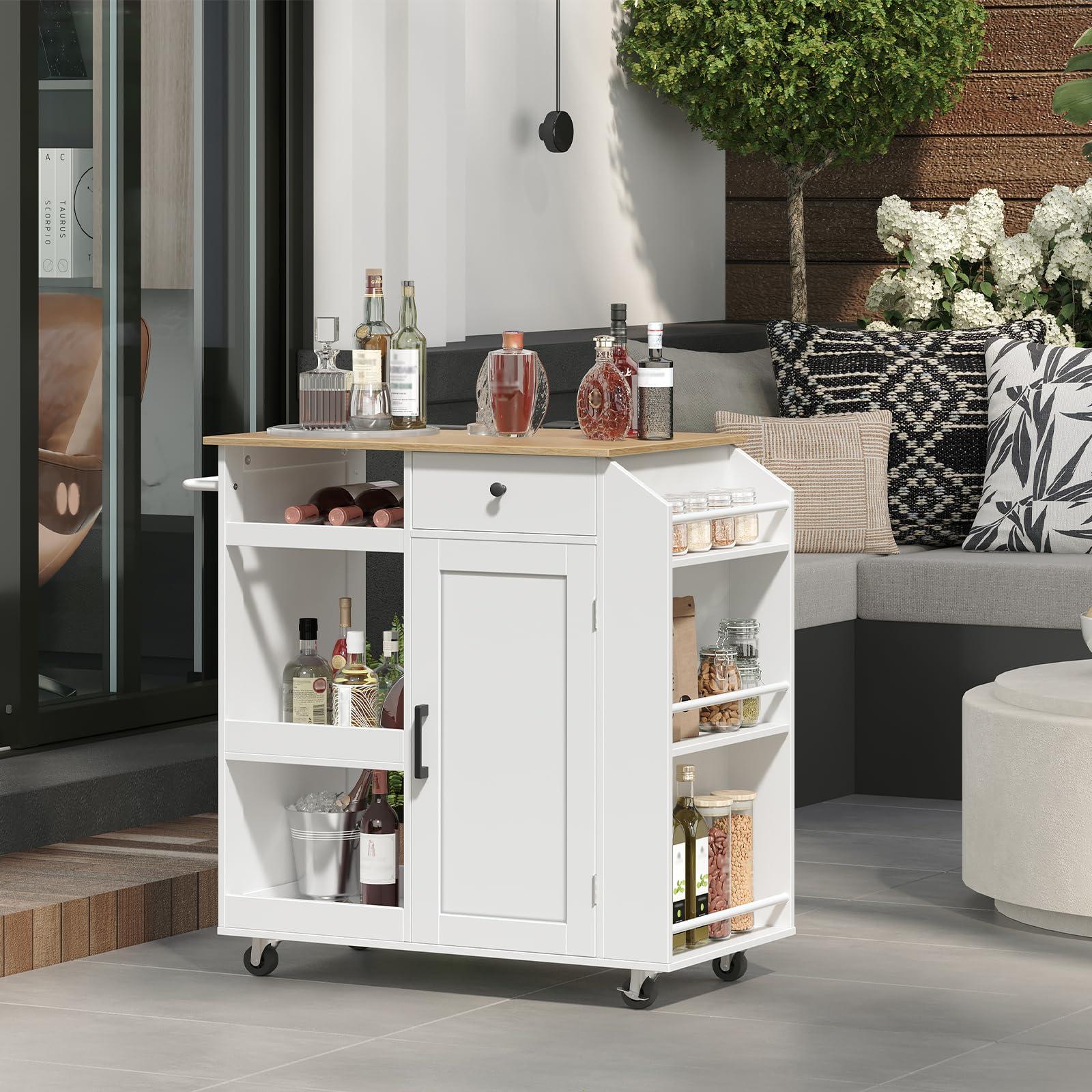 MAHANCRIS Kitchen Island with Power Outlet, Kitchen Island Cart with Drawer, Island Table for Kitchen, Spice Rack, Towel Rack, Wine Rack, for Dining Room, White and Natural KINW122E01N1 - Image 5
