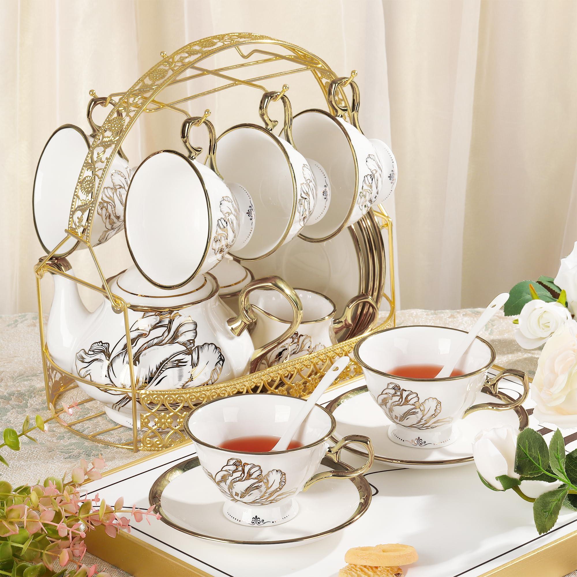 fanquare British Porcelain Tea Coffee Set 22 Piece New Bone China Gold Tulip Tea Service for Afternoon Tea, 6 TeaCup and Saucers with Metal Holder for Home Wedding Birthday - Image 6