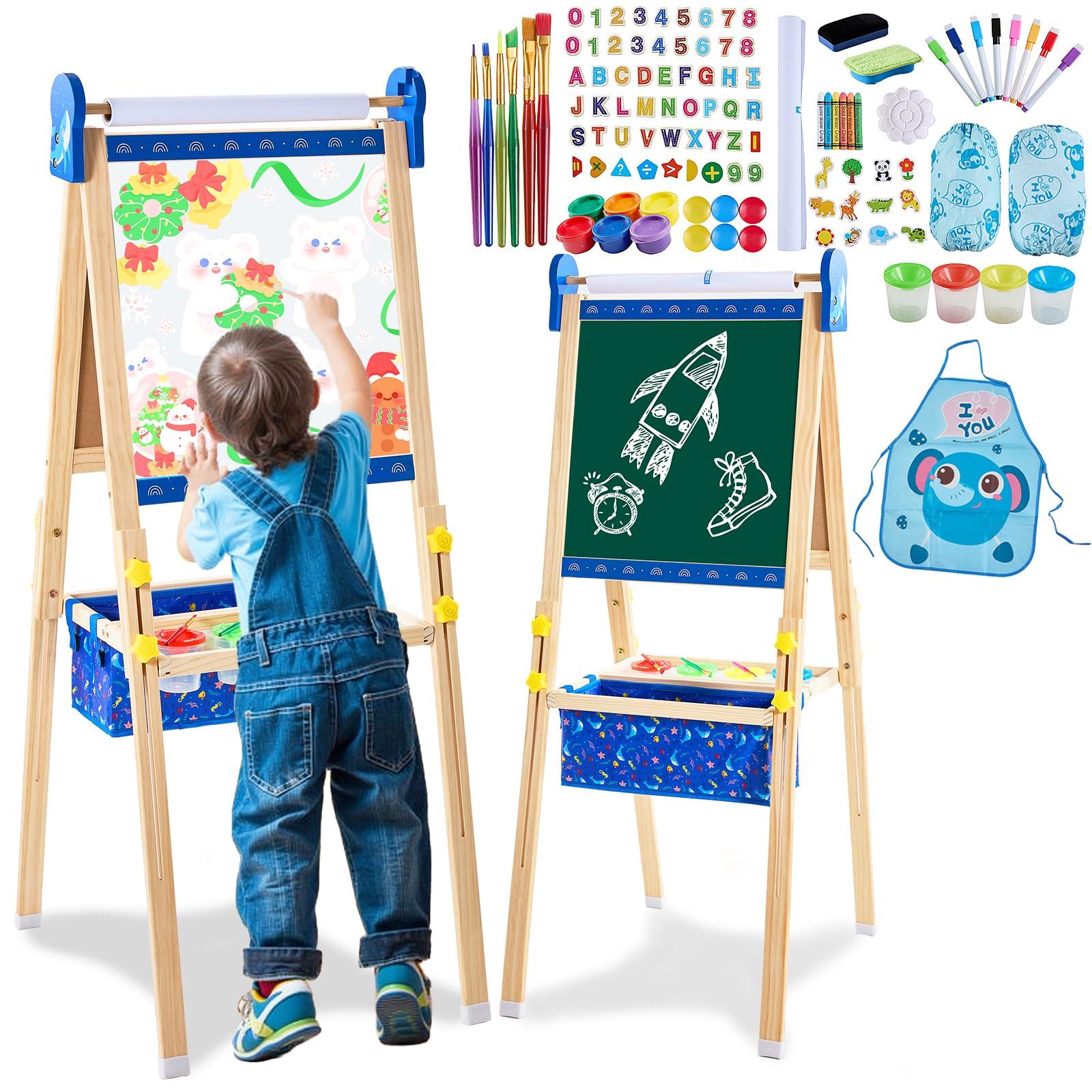 Art Easel for Kids Easels for Toddlers, Double-Sided Adjustable Magnetic Chalkboard Whiteboard, Wooden Painting Easel with Paper Roll, Foldable Standing Drawing Easel for Toddlers Boys Girls Ages 3-12