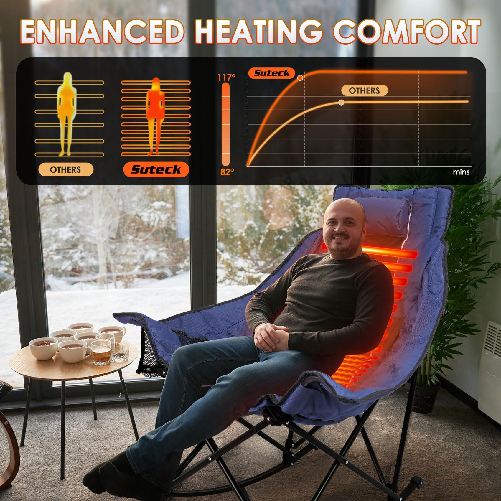 Suteck Heated Rocking Camping Chair, XL Oversized Rocking Chair Outdoor with 3 Heat Levels for Back and Seat, Heated Chairs Outdoor Sports for Patio Lawn Picnic Travel, Power Bank（Not Included） - Image 4