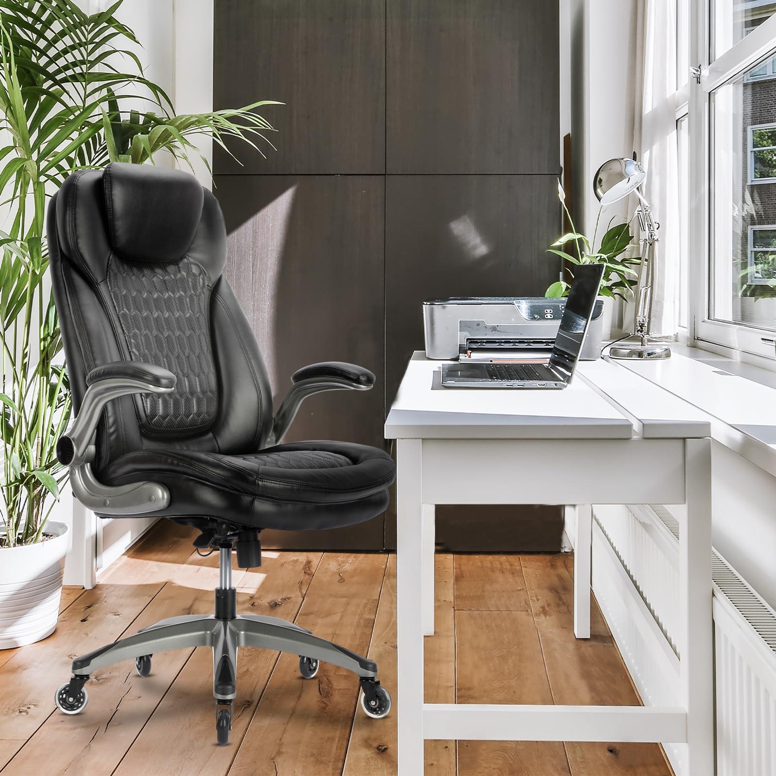 Office Chair Ergonomic Desk Chair-Executive Office Chair with Upgraded Caters, High Back Computer Chair Flip-up Arms, Strong Metal Base, Swivel Rolling Leather Chair for Adult Work/Study-Black, 300lbs - Image 2