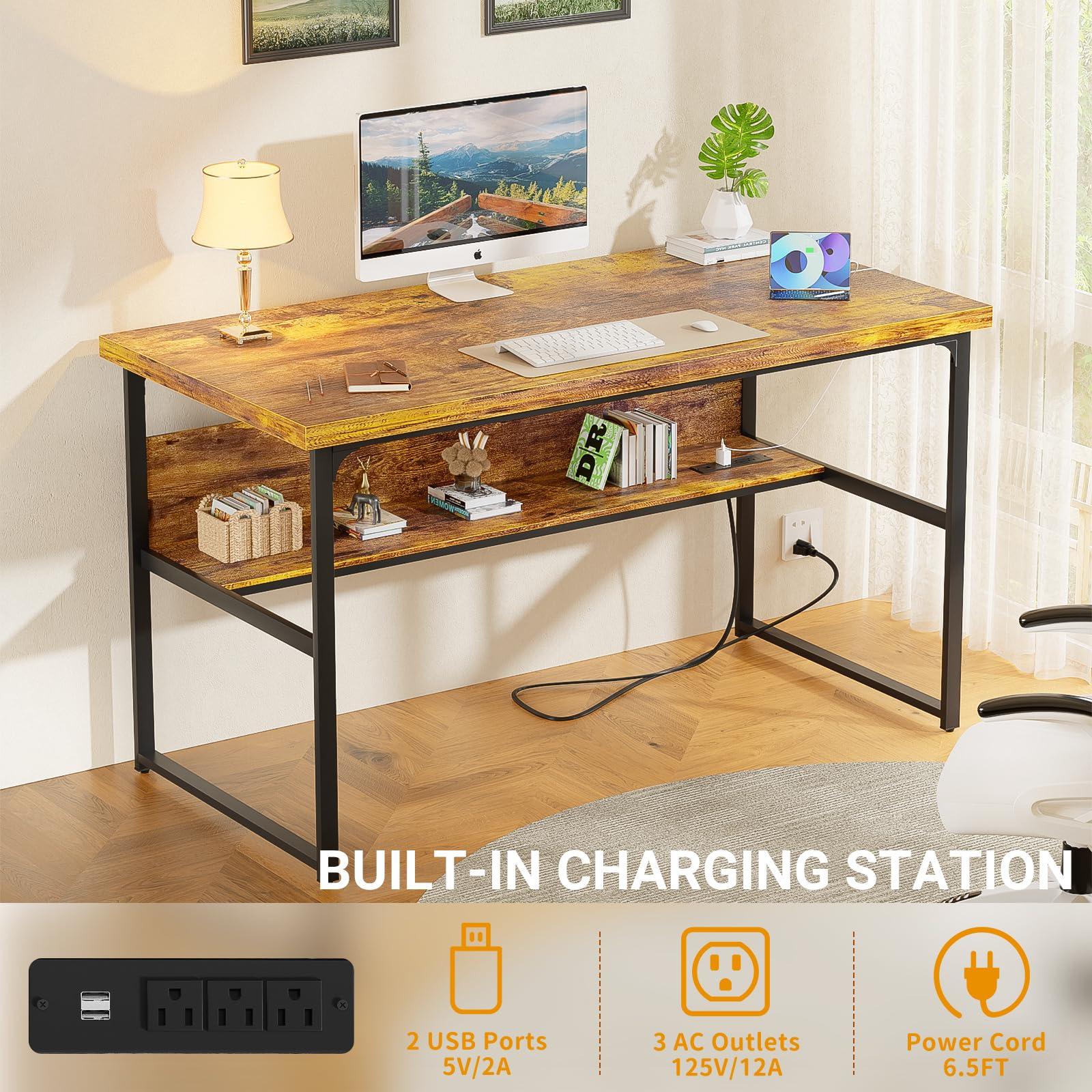 Unikito Computer Desk with Power Outlets, Executive Desk with Extra Thick Tabletop, Computer Office Desk Workstation with Bookshelf, Modern Simple Study Writing Table for Home Office, Rustic Brown - Image 3