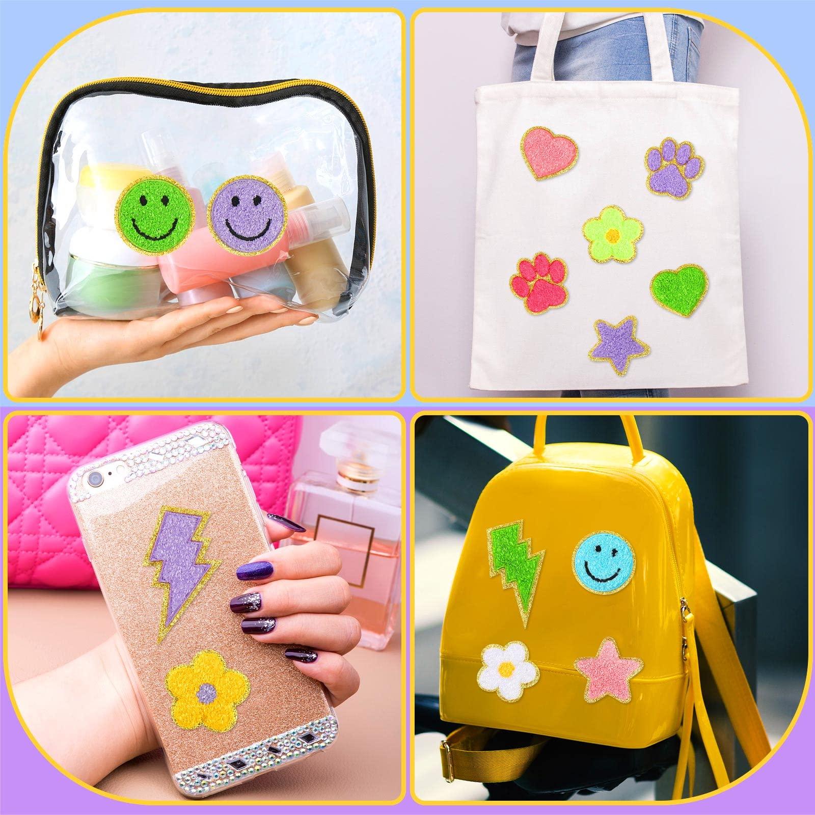 Yilloog 156 Pcs Glitter Self Adhesive Letters Chenille Clothing Patches Embroidered Repair Fuzzy Patches Alphabet Gold Trimmed Preppy Clothing Badges Sewing Appliques(Rainbow, Cute) - Image 5
