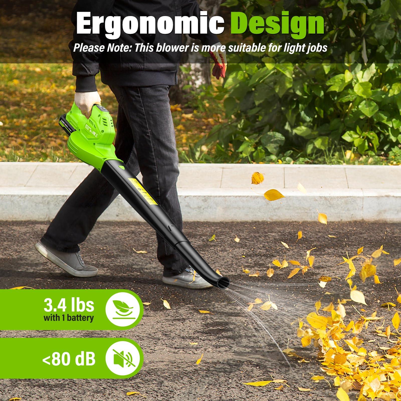SEYVUM Cordless Leaf Blower, 20V Blower with 2 X 2.0 Ah Battery, Electric Blower for Lawn Care, 350 CFM 150 MPH Battery Powered Leaf Blower with Charger, for Patio, Garden Cleaning, Green - Image 5