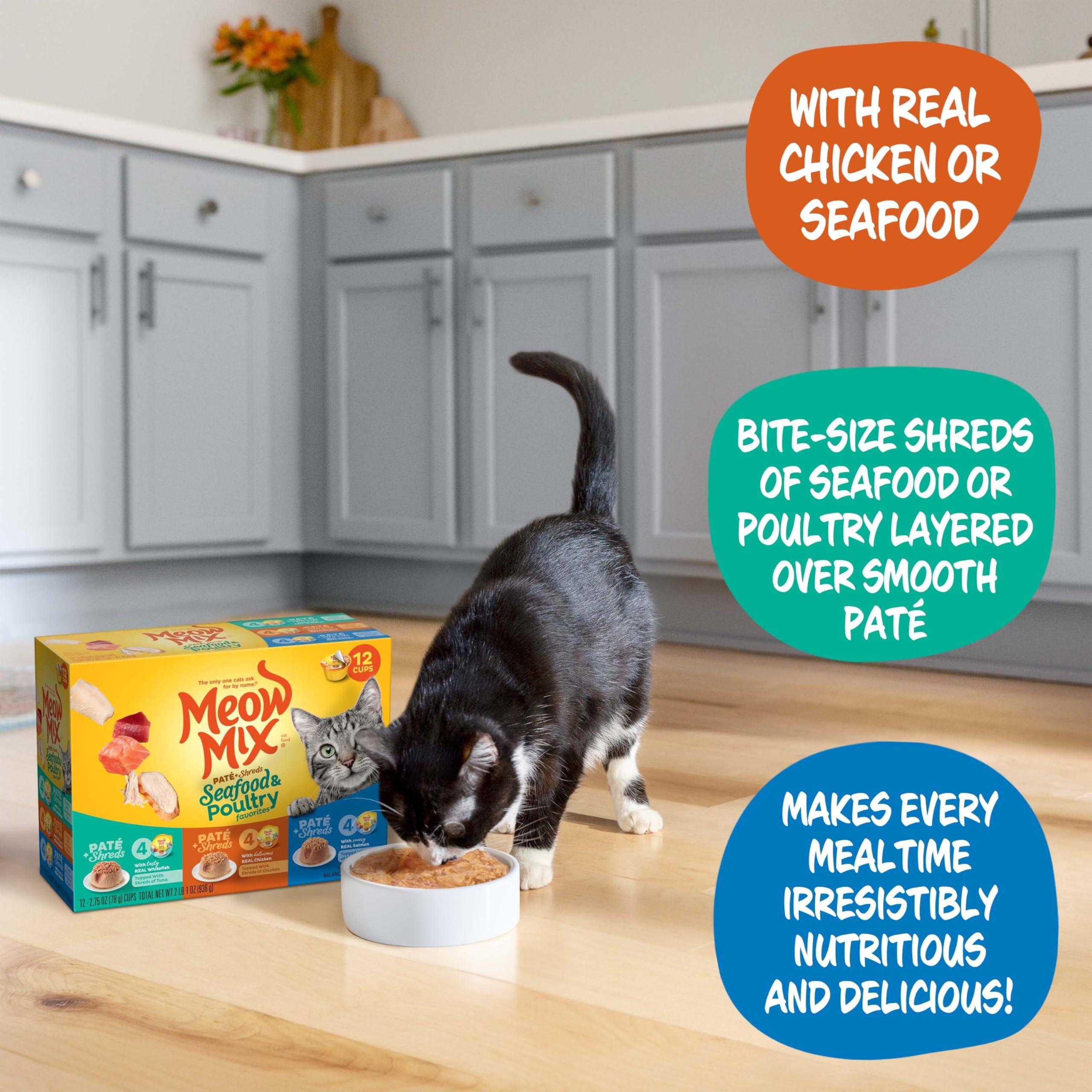 Meow Mix Paté & Shreds Wet Cat Food Variety Pack, Seafood & Poultry Favorites, 2.75 Ounce Cup (Pack of 12) - Image 4