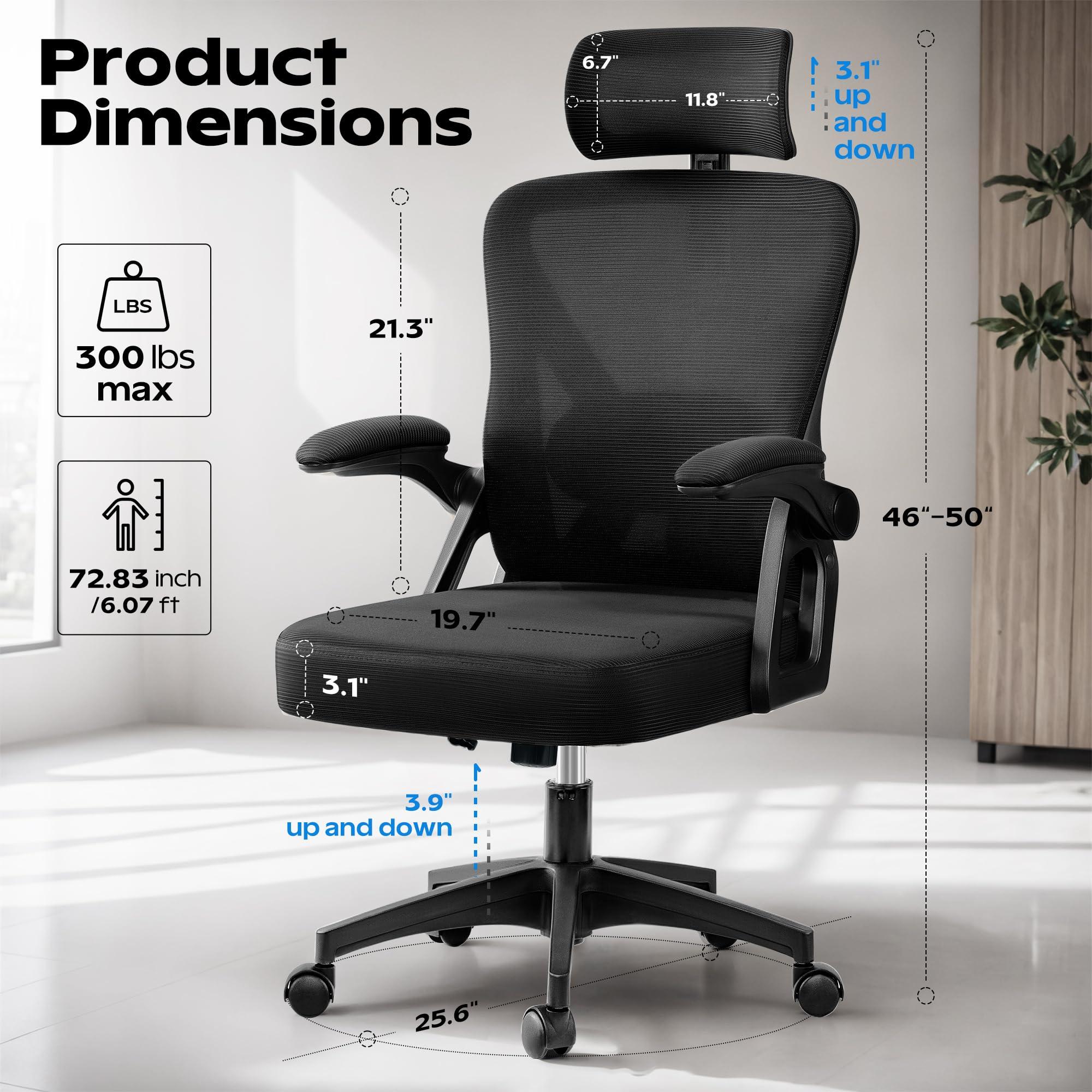 Ergonomic Office Chair, Home Office Desk Chair with Headrest, High Back Mesh Chair with Flip-up Armrests, Comfy Desk Chair with Lumbar Support, Rolling Swivel Task Computer Chair for Home Office - Image 7