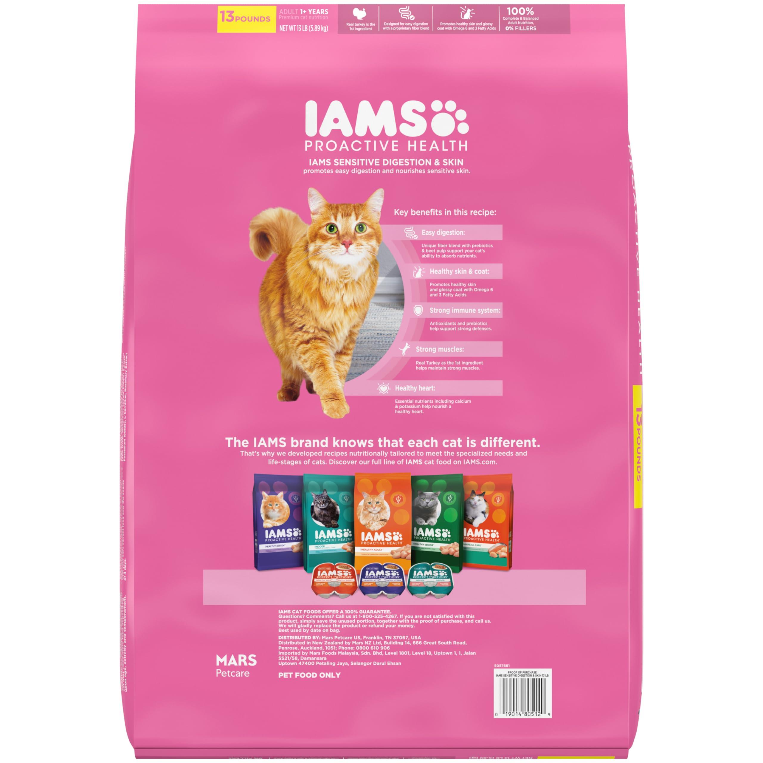 IAMS Proactive Health Adult Sensitive Digestion & Skin Dry Cat Food with Turkey, 13 lb. Bag - Image 2