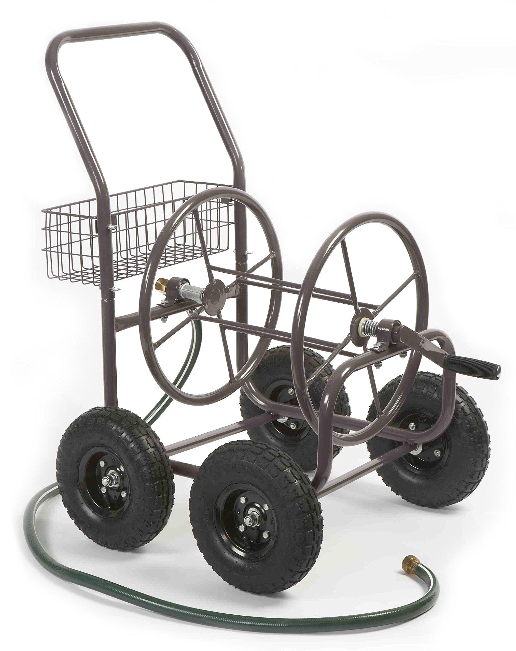 Liberty Garden Residential Grade Four Wheel 250 Foot Capacity Steel Frame Water Hose Reel Cart with Basket for Backyard, Garden, or Home, Brown, Bronze