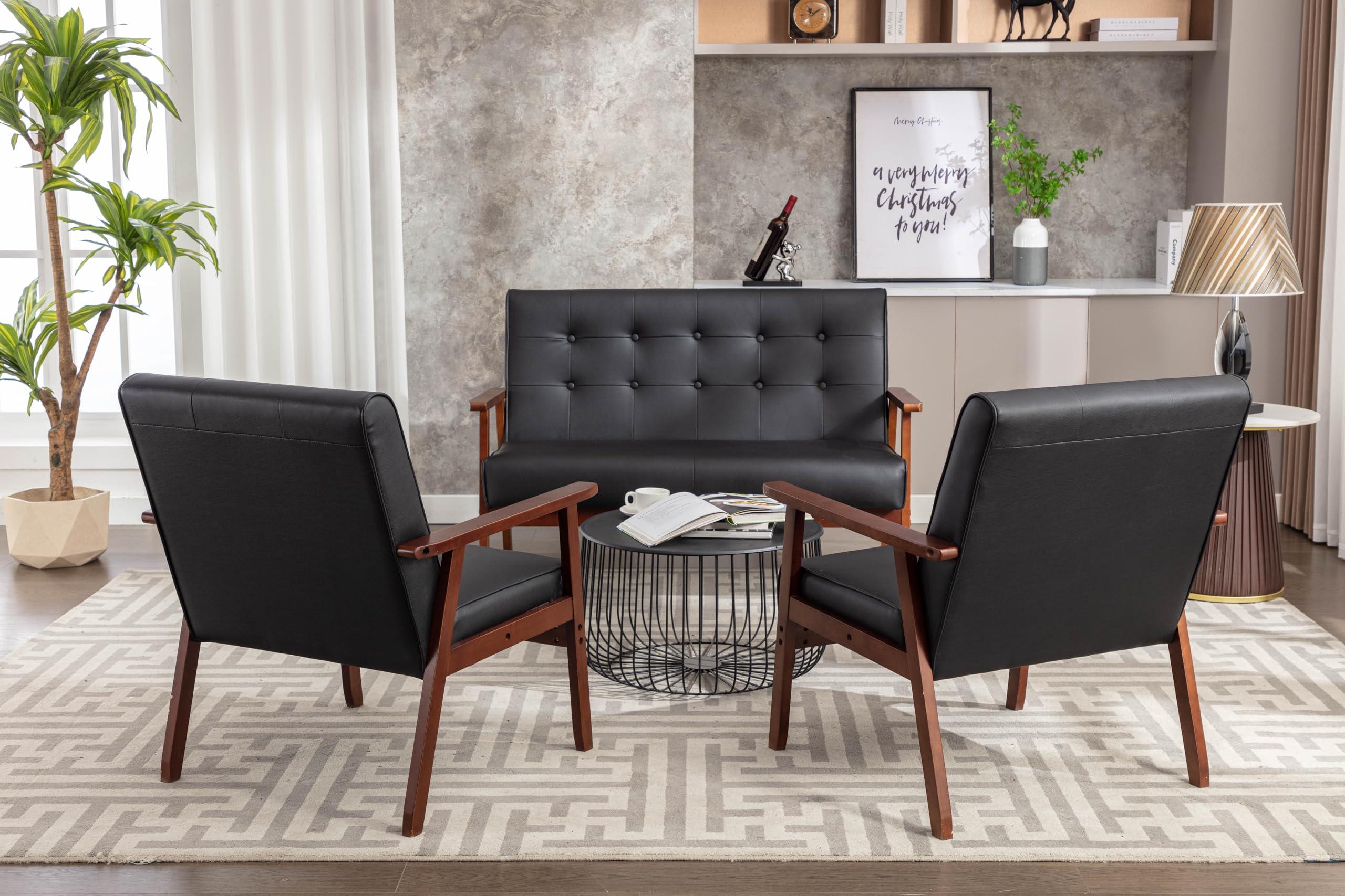 JIASTING Mid Century 1 Loveseat Sofa and 2 Accent Chairs Set Modern Wood Arm Couch and Chair Living Room Furniture Sets (8428 Black Set) - Image 8