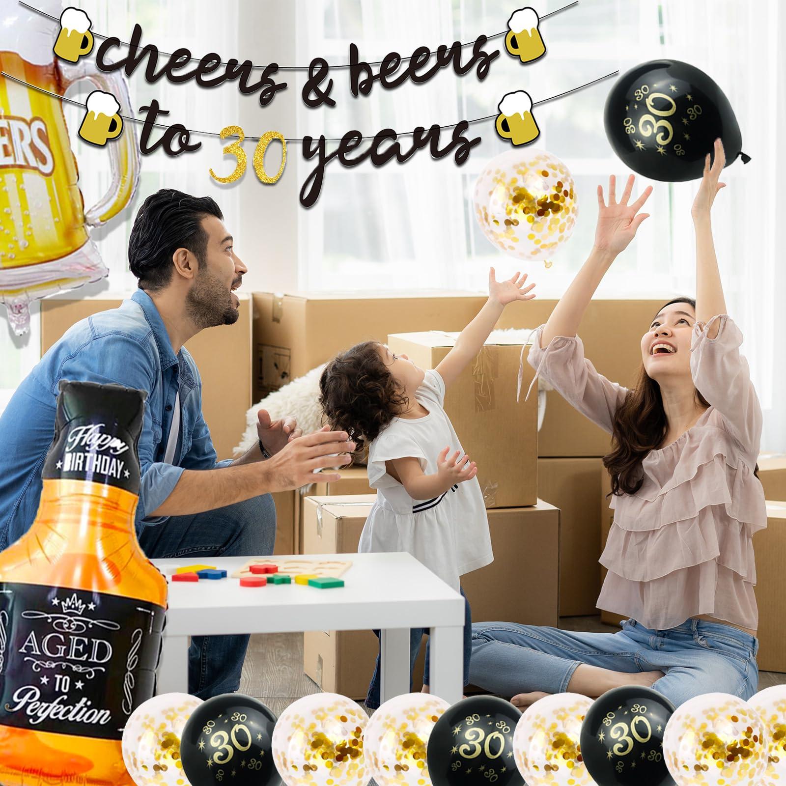 30th Birthday Decorations for Him, 30 Birthday Decorations with 40 Inch Gold 30 Number Balloons, Cheers to 30 Years Banner,Fringe Curtains and Cups Foil Balloons - Image 4