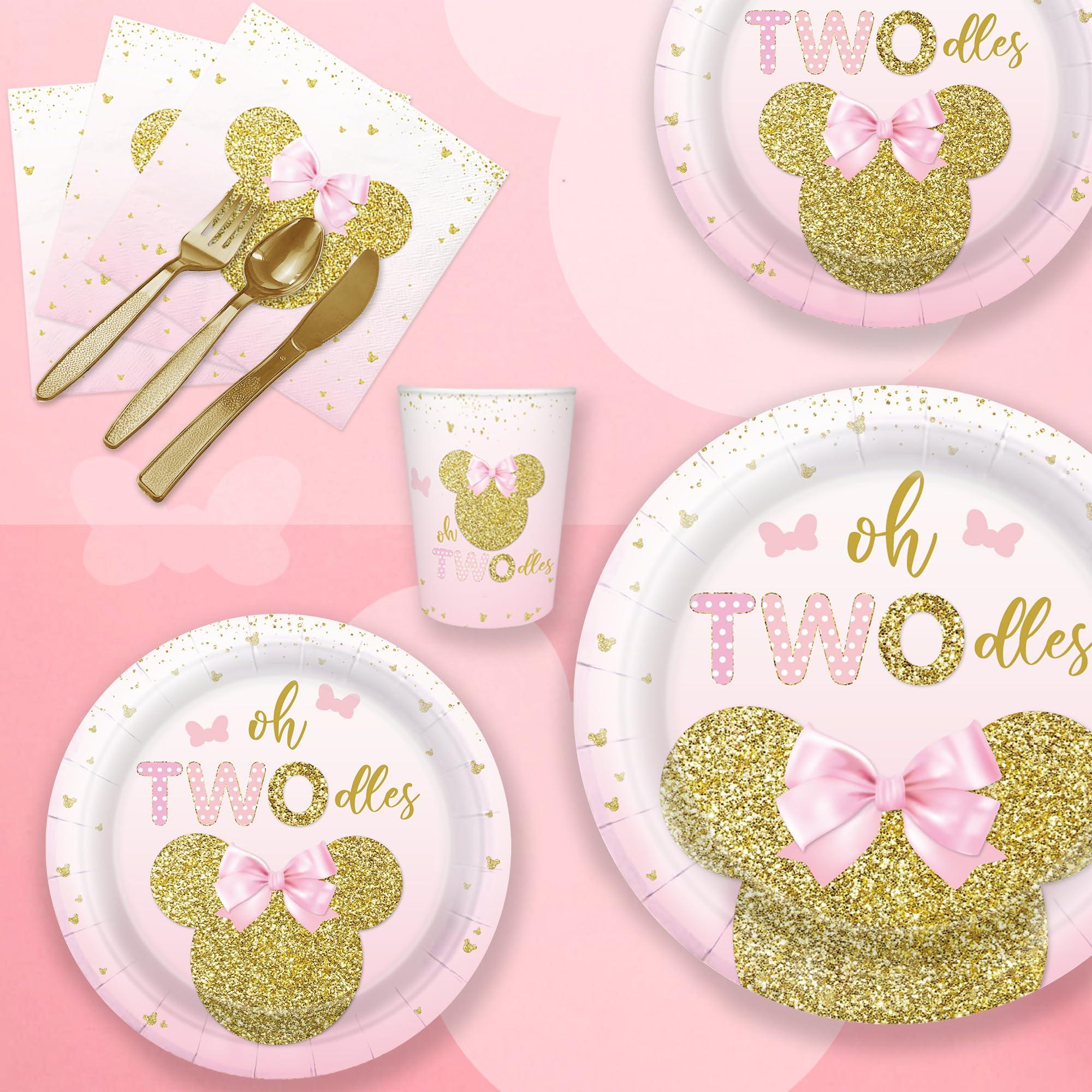 168pcs Oh Twodles Birthday Decorations Girls 2nd Plates Napkins Pink Mouse Party Supplies Two Years Old Paper Tableware Set Disposable Birthday Party Dinnerware Kids Serve 24 Guests - Image 5
