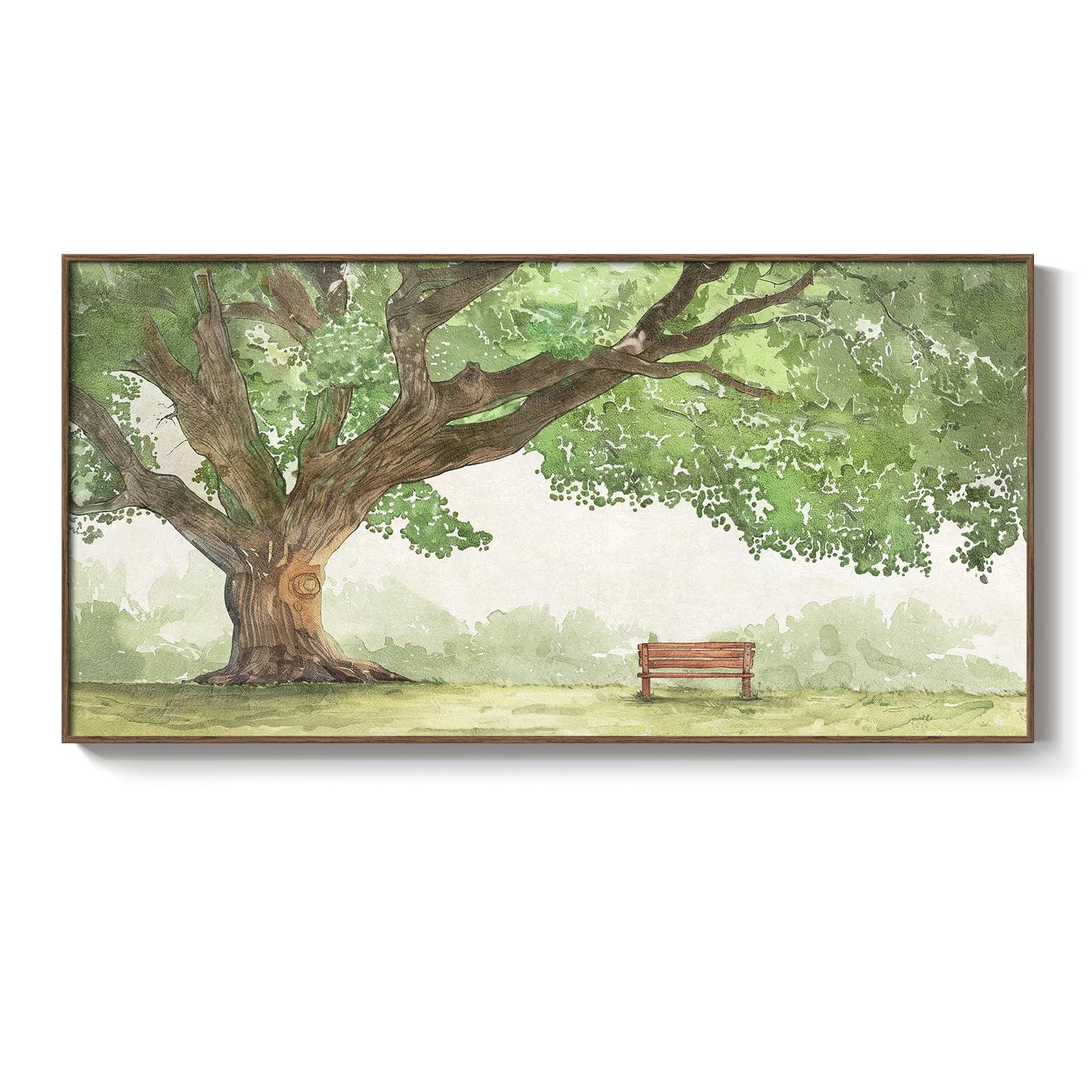 Framed Landscape Canvas Wall Art for Living Room - Contemporary Large Tree Shade Sage Green Painting with Park Bench, Nature Artwork Prints for Bedroom Office Nursery Hallway Wall Decor, 20x40 Inch
