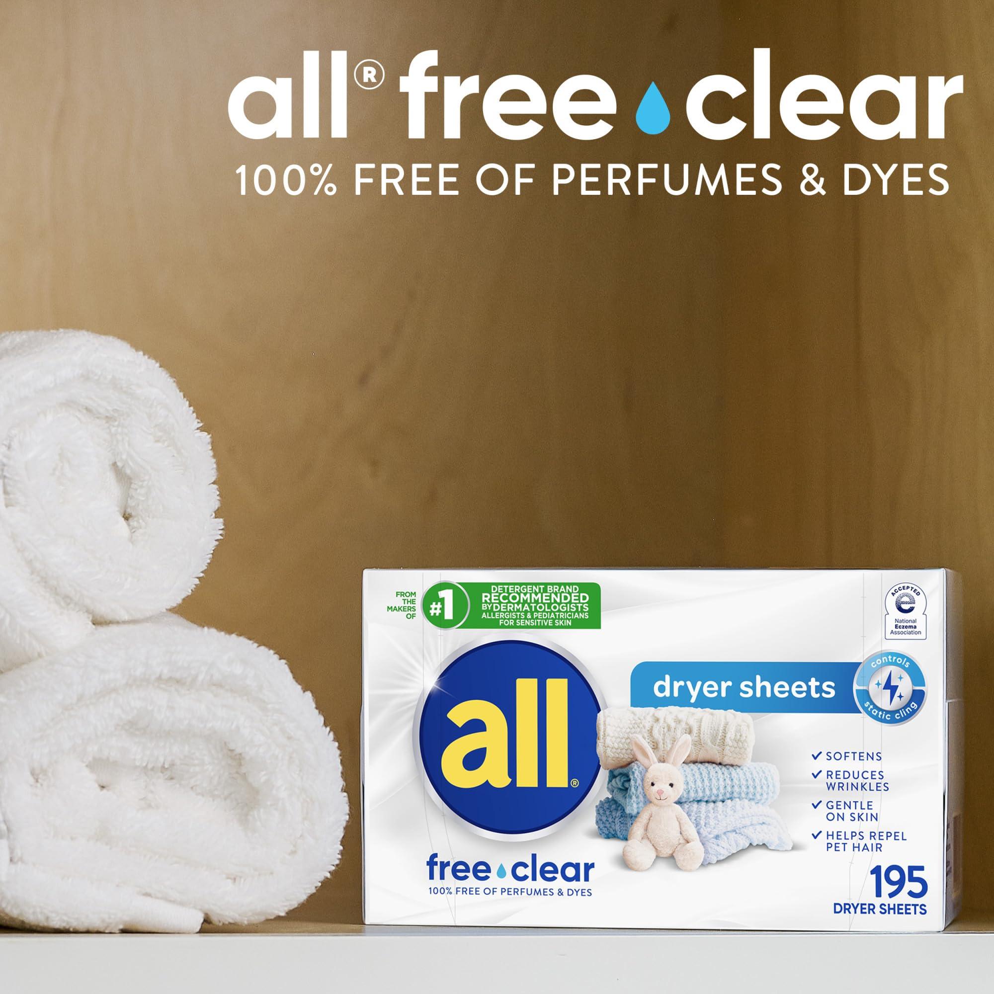 all Fabric Softener Dryer Sheets for Sensitive Skin, Free Clear, 195 Count - Image 6
